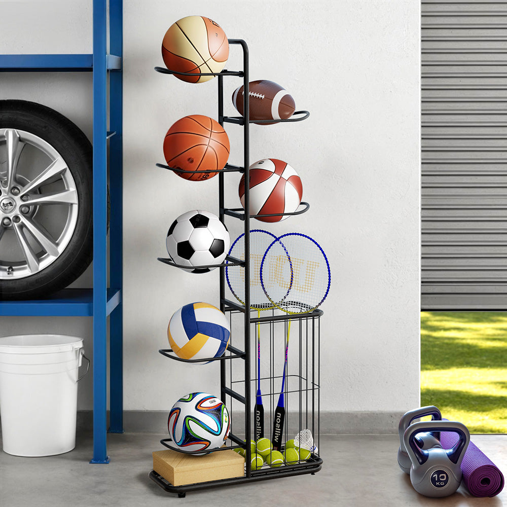Everfit Ball Storage Rack Sports Equipment Organizer 7-Tier with Basket for Garage Gym Black BSR-A-H146-B-BK