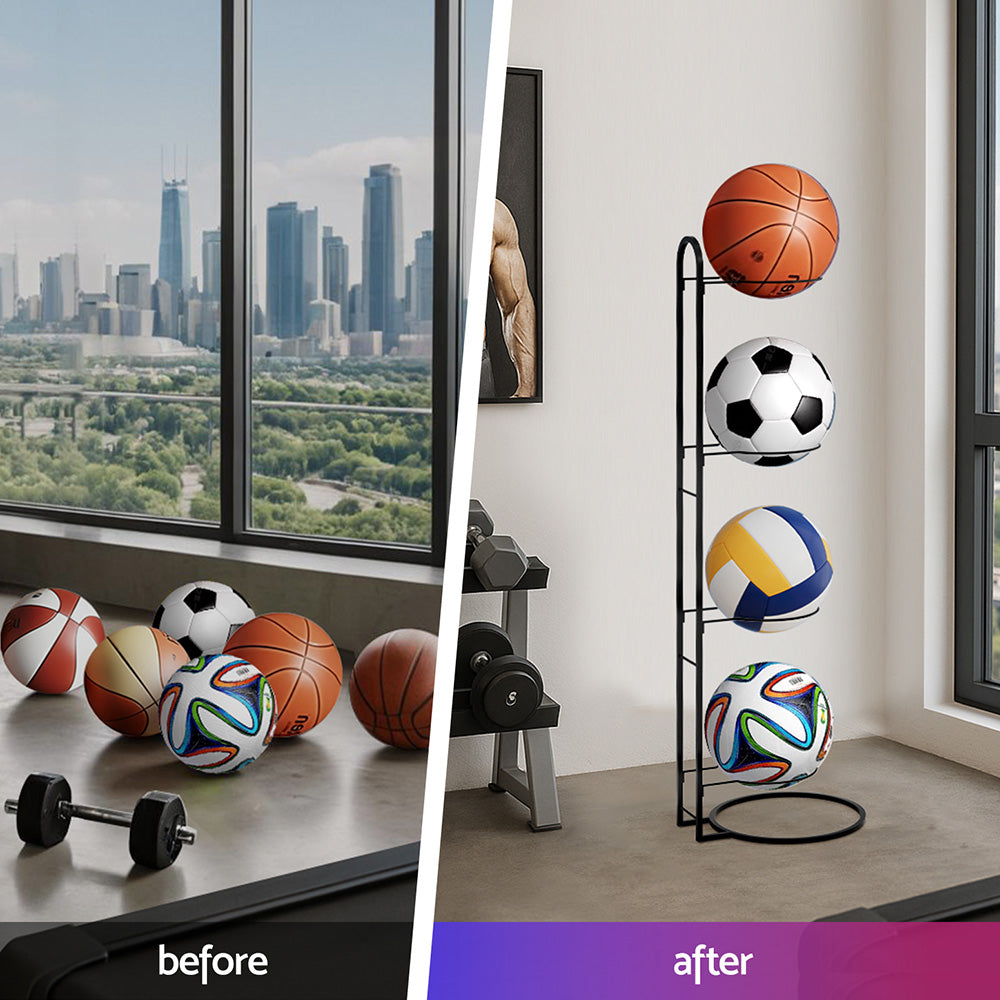 Everfit Ball Storage Rack Sports Equipment Organizer 4-Tier Holder for Garage Gym Black BSR-A-H90-BK