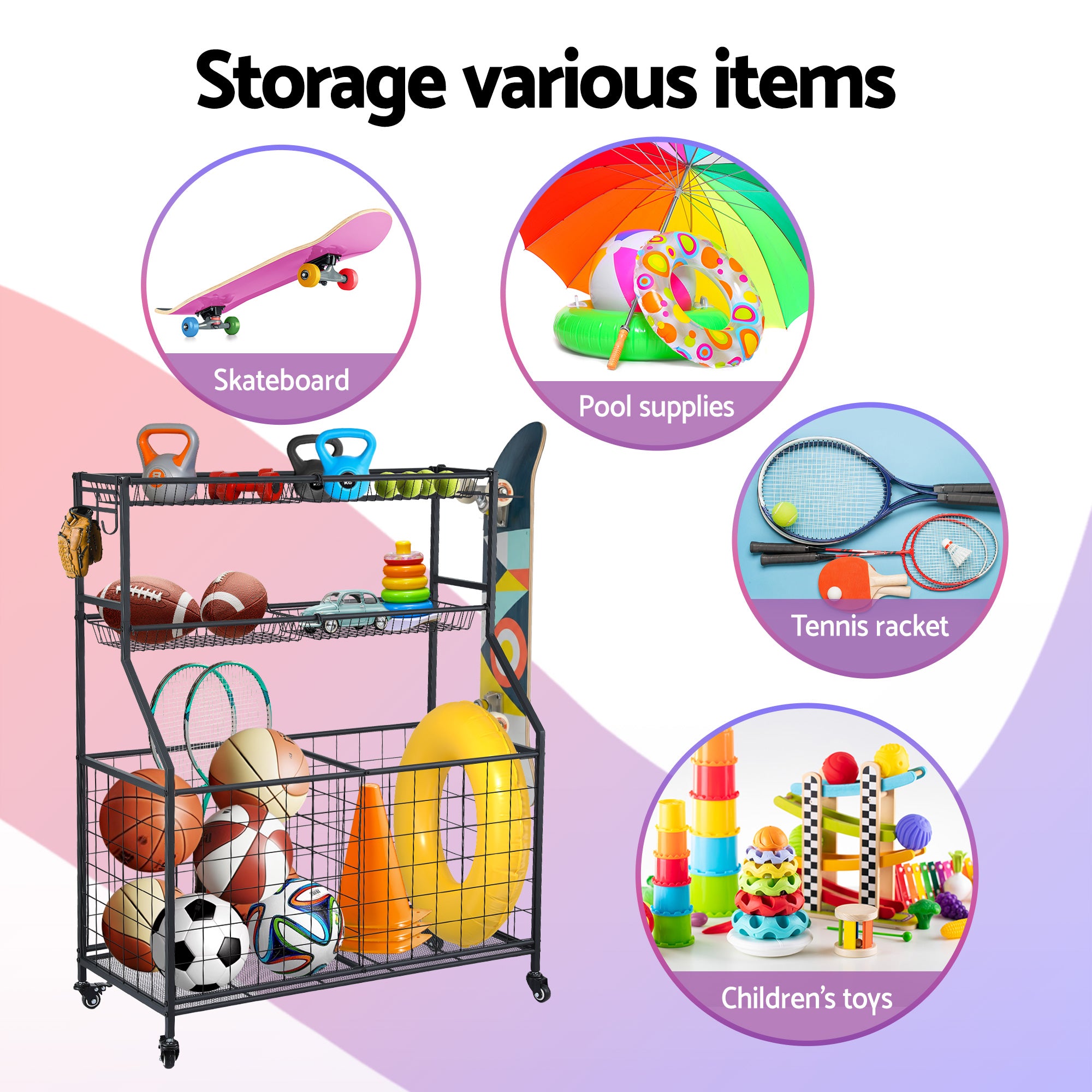 Everfit Sports Equipment Organizer Storage with Wheels Multi-Sport Garage Gym Black BSR-A-RET