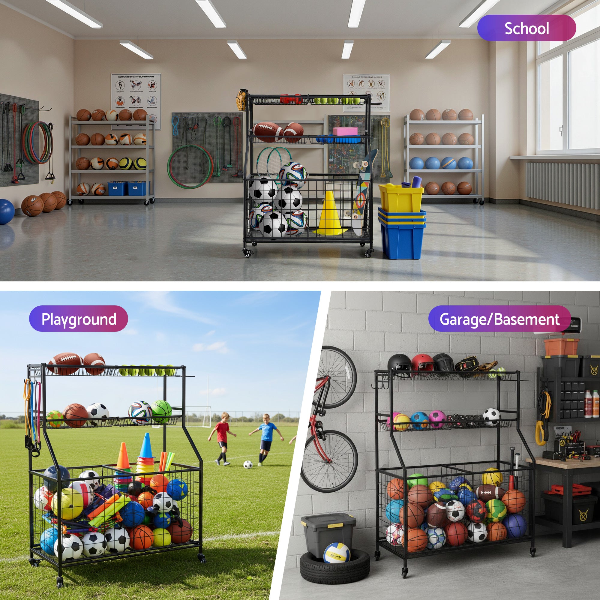 Everfit Sports Equipment Organizer Storage with Wheels Multi-Sport Garage Gym Black BSR-A-RET