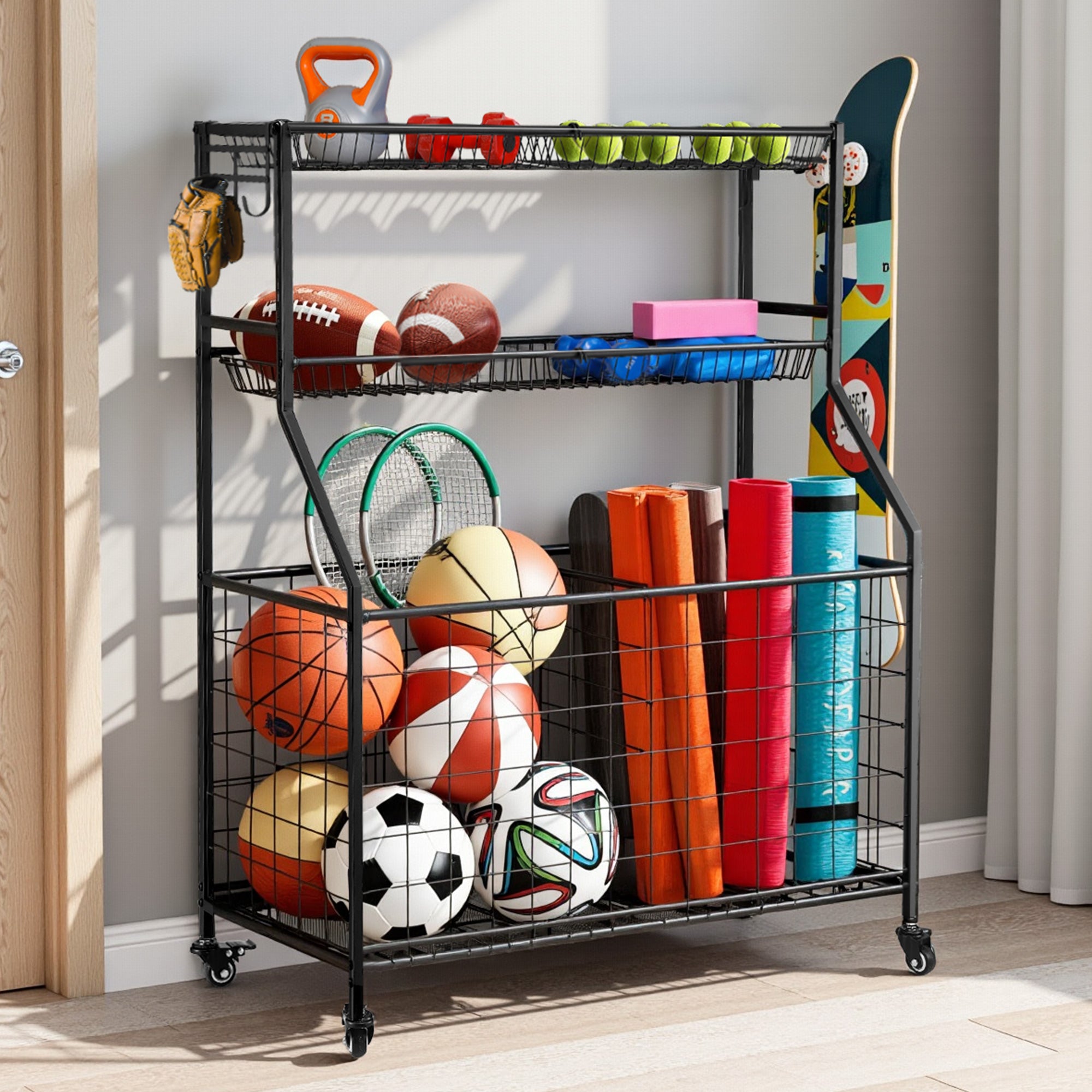 Everfit Sports Equipment Organizer Storage with Wheels Multi-Sport Garage Gym Black BSR-A-RET