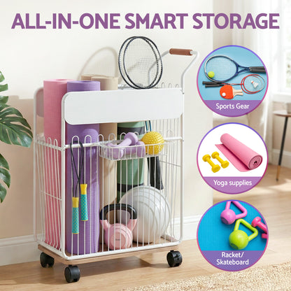 Everfit Yoga Mat Storage Rack Mobile Holder with Wheels Basket Home Gym Storage Organizer White BSR-A-SQ