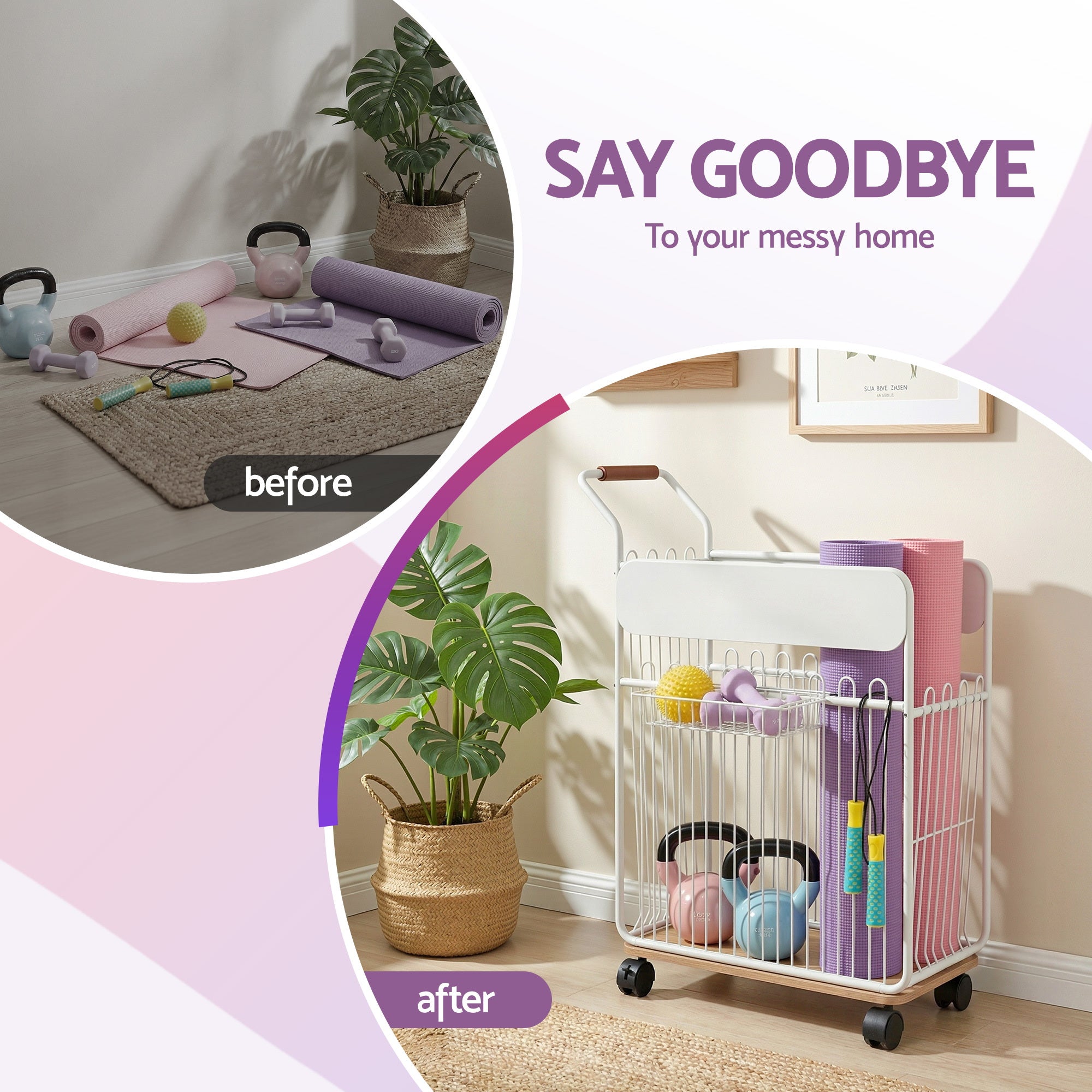 Everfit Yoga Mat Storage Rack Mobile Holder with Wheels Basket Home Gym Storage Organizer White BSR-A-SQ