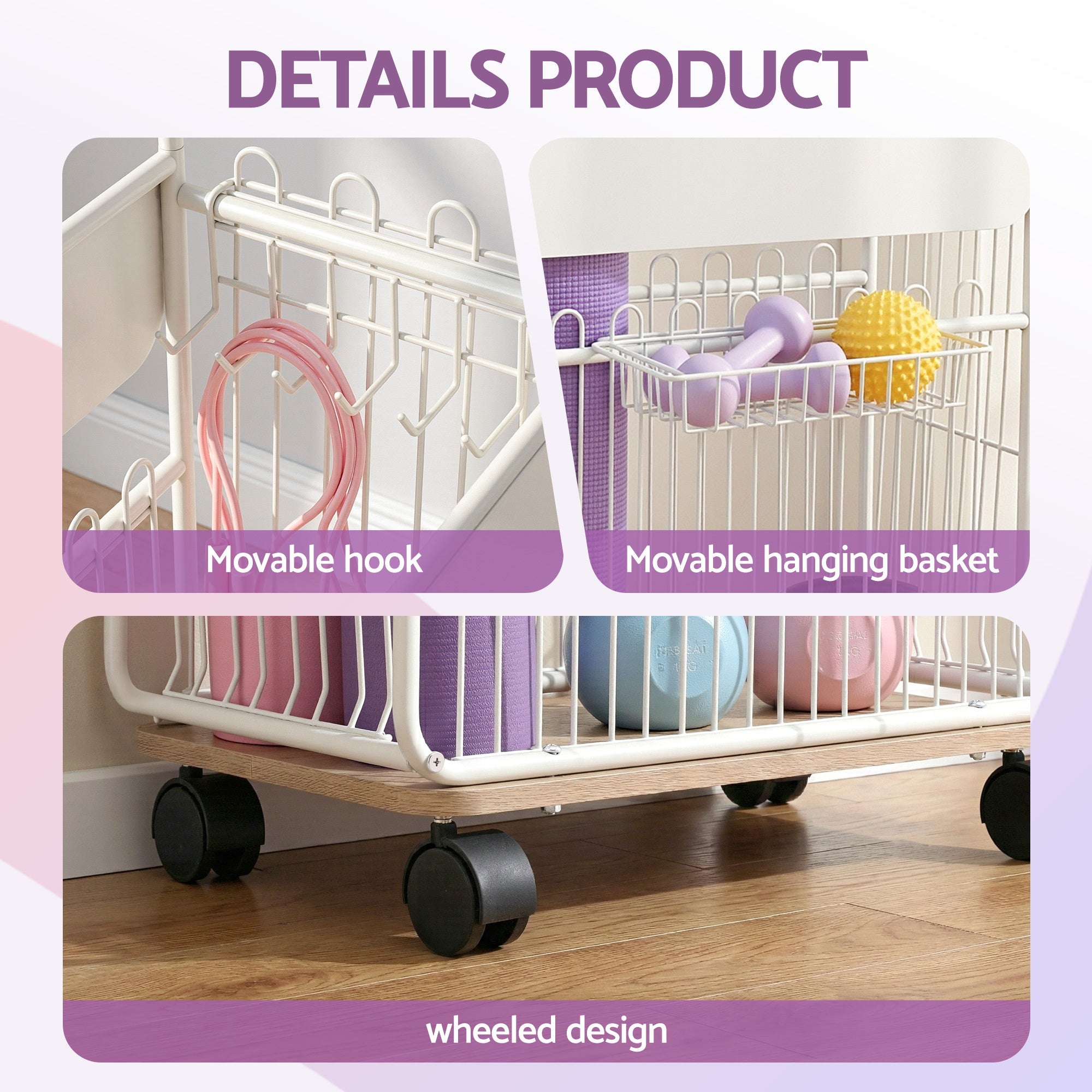 Everfit Yoga Mat Storage Rack Mobile Holder with Wheels Basket Home Gym Storage Organizer White BSR-A-SQ