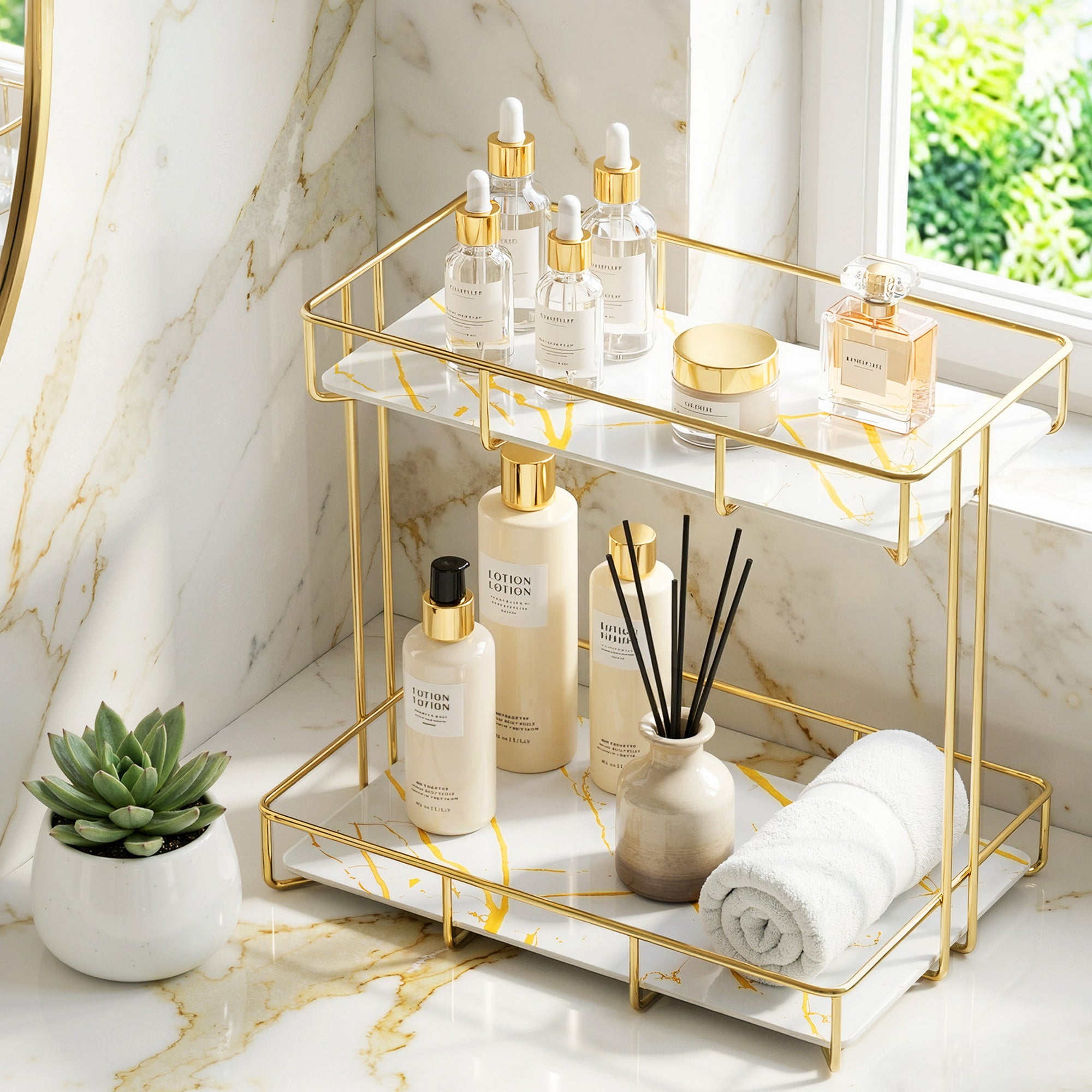 Artiss Bathroom Storage Rack 2 Tier Corner Organiser Gold Marble Look BSR-B-2T-25H-GD