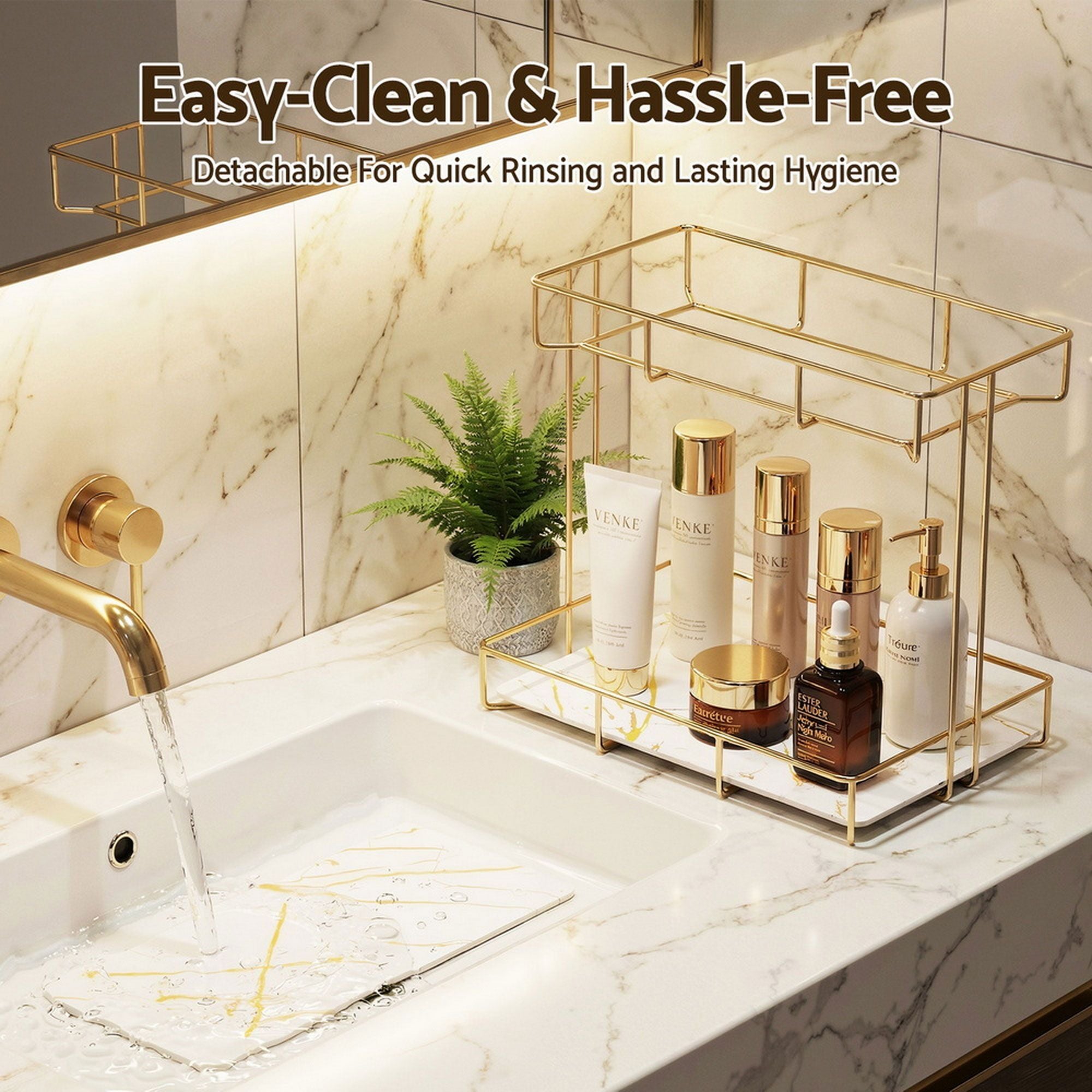 Artiss 2X Bathroom Storage Rack 2 Tier Corner Organiser Gold Marble Look BSR-B-2T-25H-GDX2