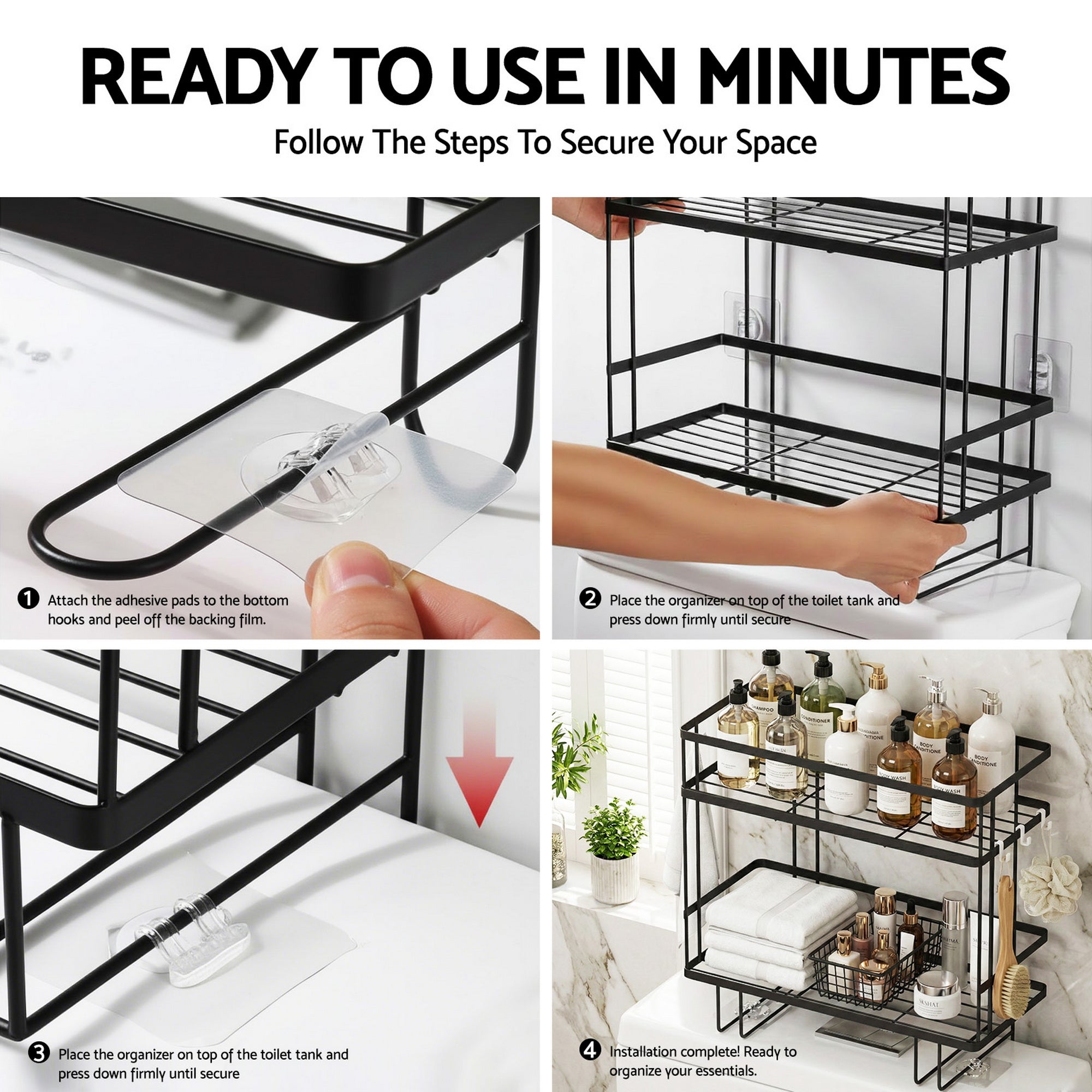 Artiss Over Toilet Storage Rack Bathroom Shelf Organizer 2 Tier BSR-B-2T-36H-BK