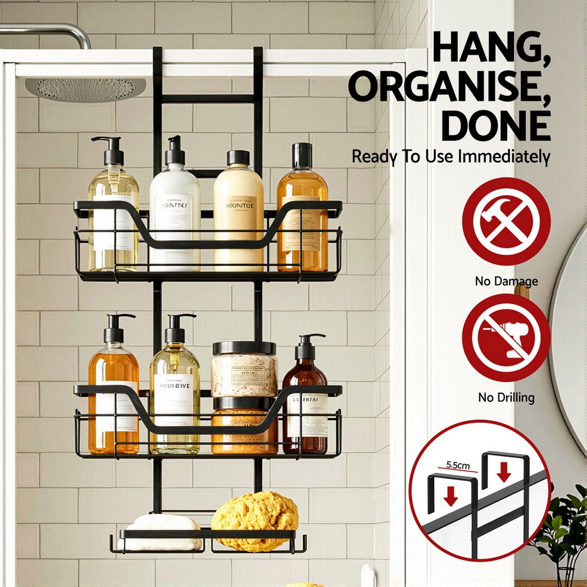 Artiss 2X 3 Tier Over The Door Shower Caddy Hanging Bathroom Storage Organizer BSR-B-3T-62H-BKX2