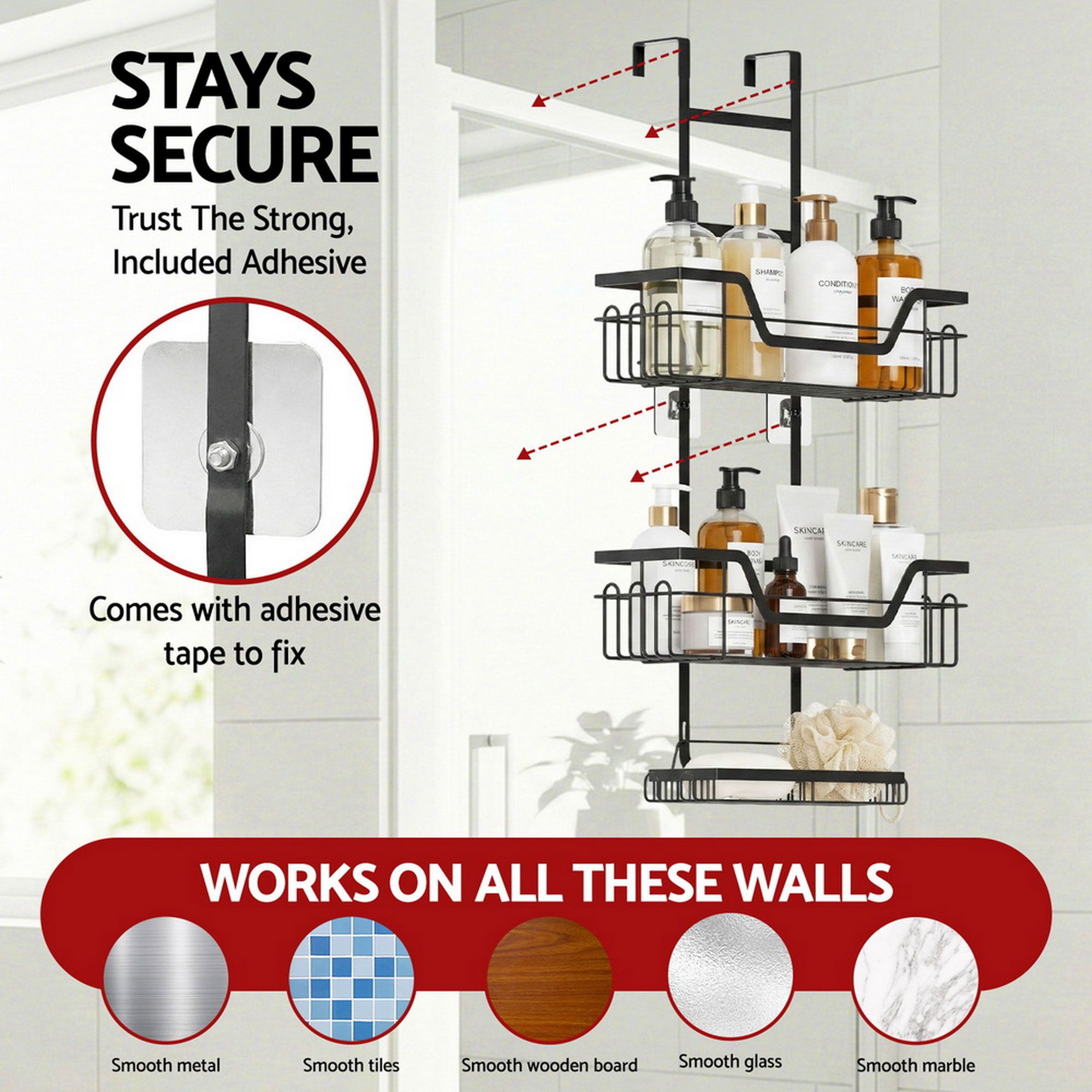 Artiss 2X 3 Tier Over The Door Shower Caddy Hanging Bathroom Storage Organizer BSR-B-3T-62H-BKX2