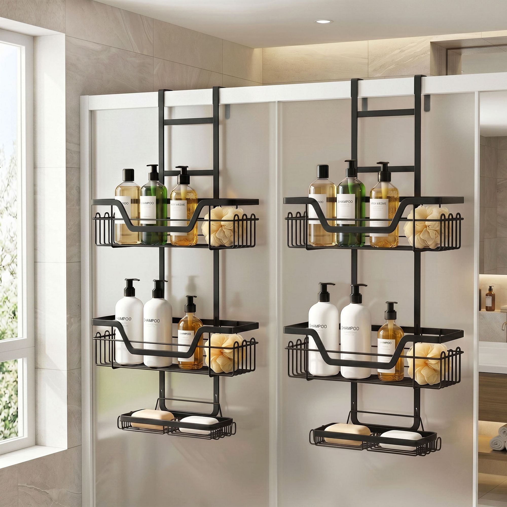 Artiss 2X 3 Tier Over The Door Shower Caddy Hanging Bathroom Storage Organizer BSR-B-3T-62H-BKX2