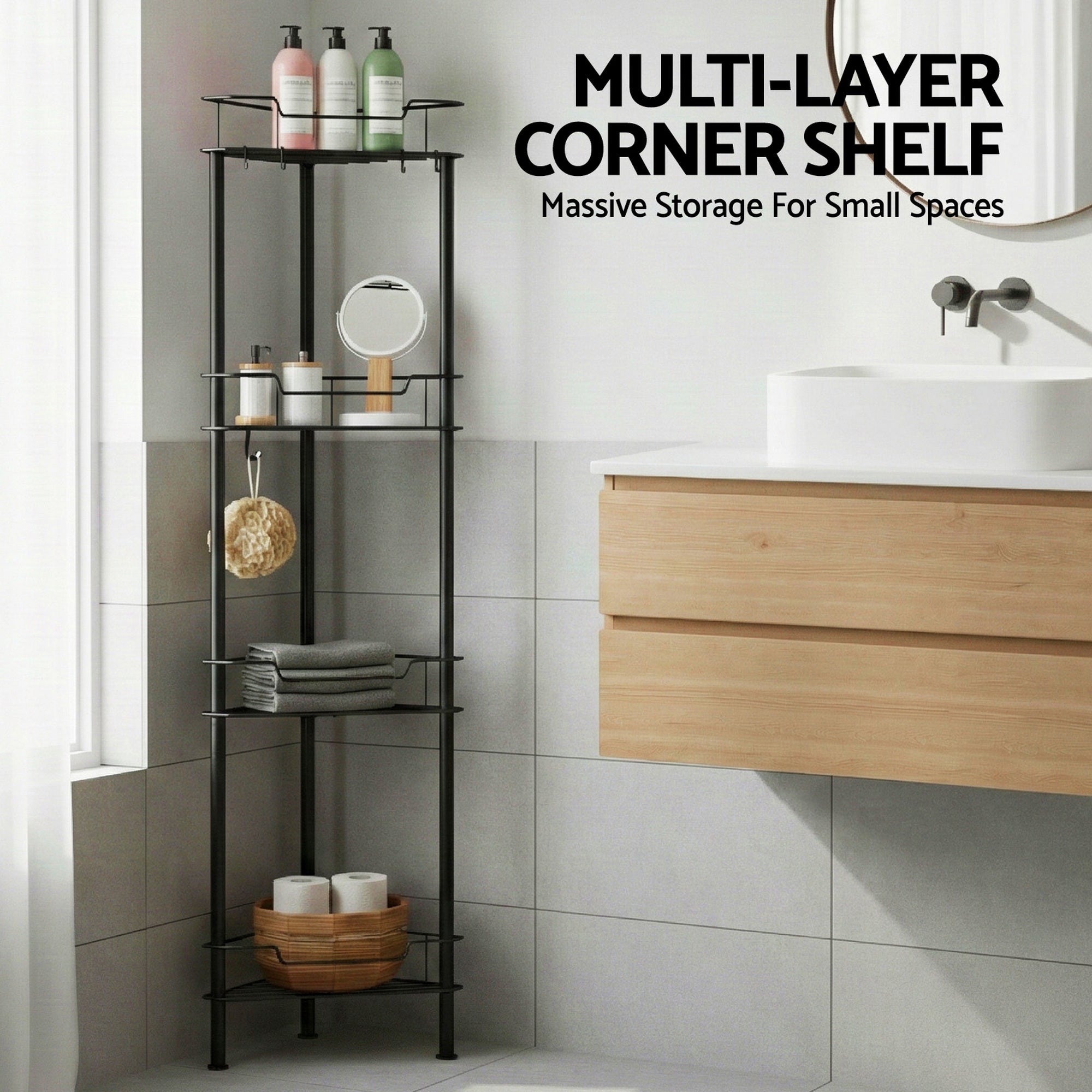Artiss 4 Tier Floor Standing Corner Shower Caddy Bathroom Organizer Black BSR-B-4T-110H-BK