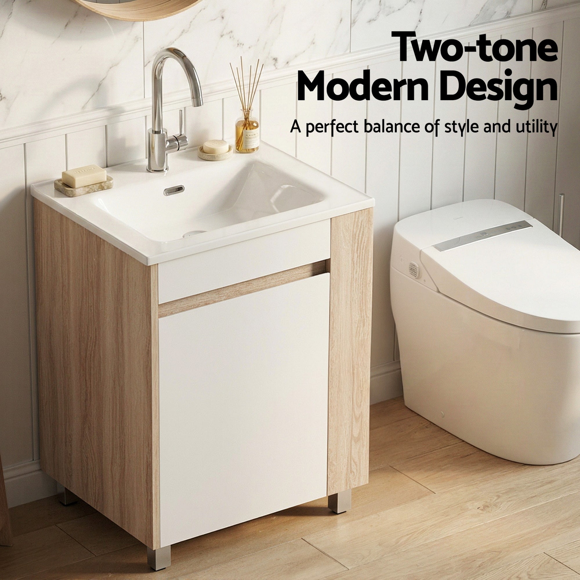 Cefito Vanity Unit 835mm Basin Bathroom Cabinet Side Storage Free Standing Sink BV-CA-600-SS-WDWH-AB