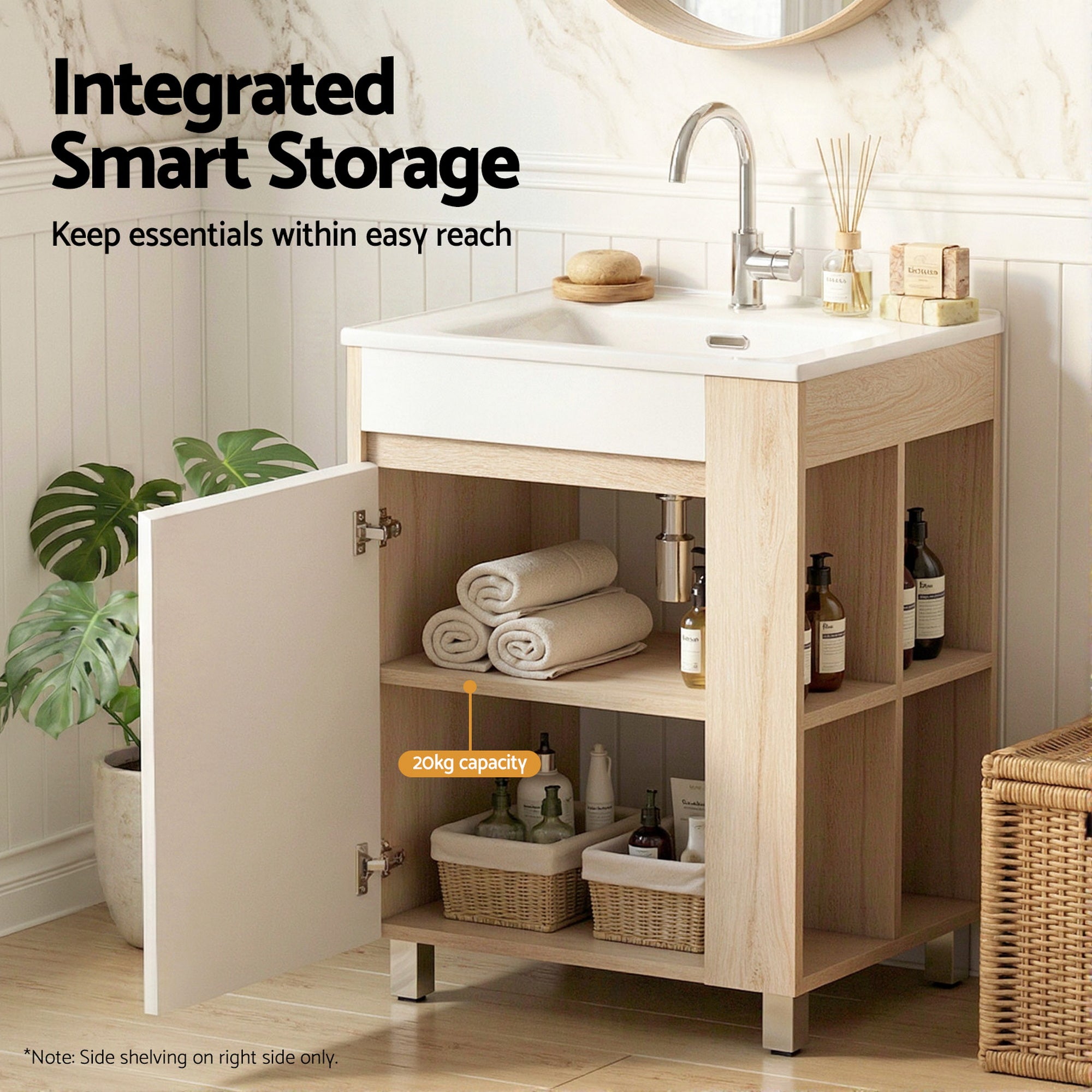 Cefito Vanity Unit 835mm Basin Bathroom Cabinet Side Storage Free Standing Sink BV-CA-600-SS-WDWH-AB