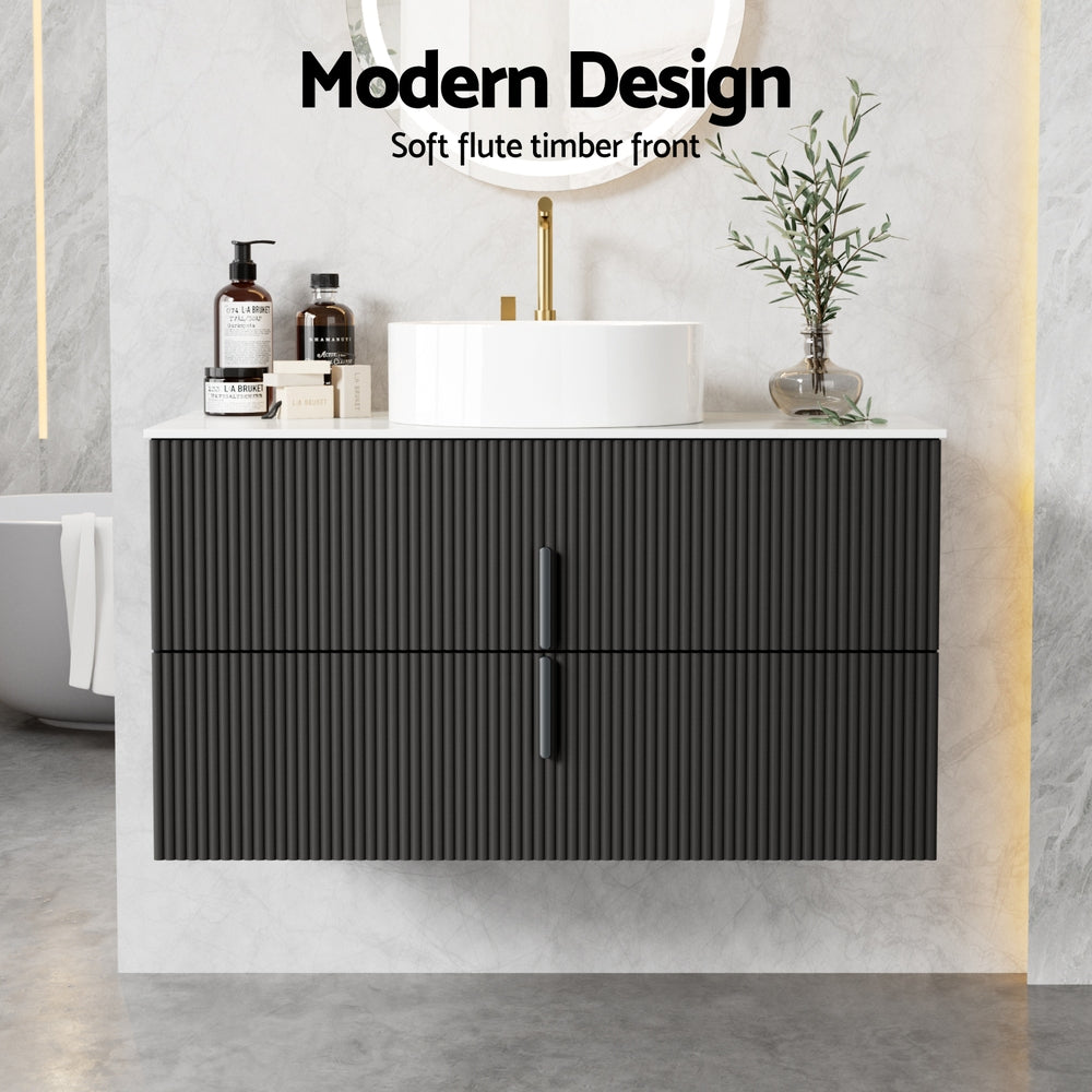 Cefito Vanity Unit 900mm Bathroom Cabinet Storage Wall Hung Black Timber Front BV-CA-FLU01-900-BK-ABC