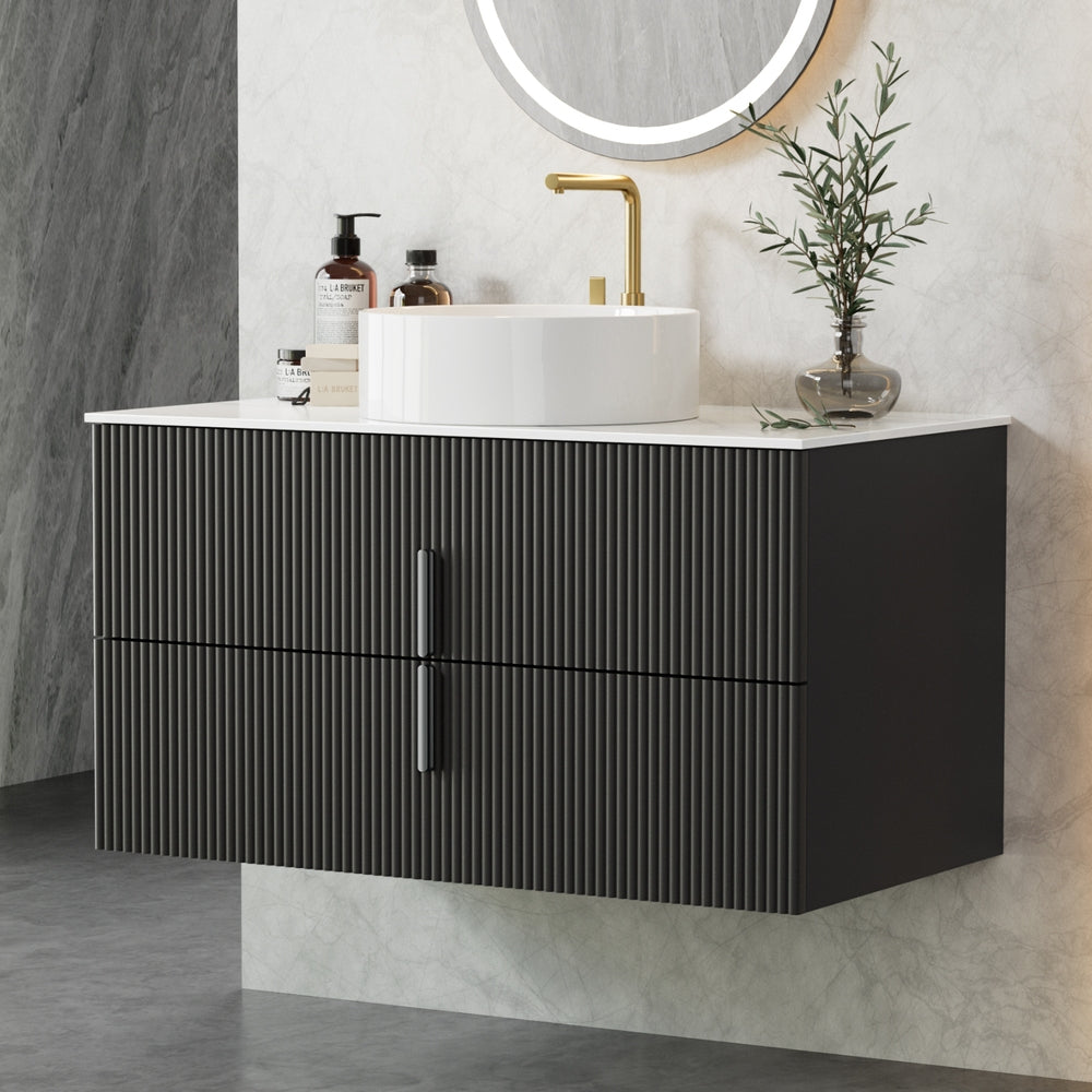 Cefito Vanity Unit 900mm Bathroom Cabinet Storage Wall Hung Black Timber Front BV-CA-FLU01-900-BK-ABC