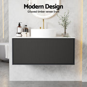 Cefito Vanity Unit 900mm Bathroom Cabinet Storage Wall Hung Grooved Timber Black BV-CA-TIR1-900-BK-ABC
