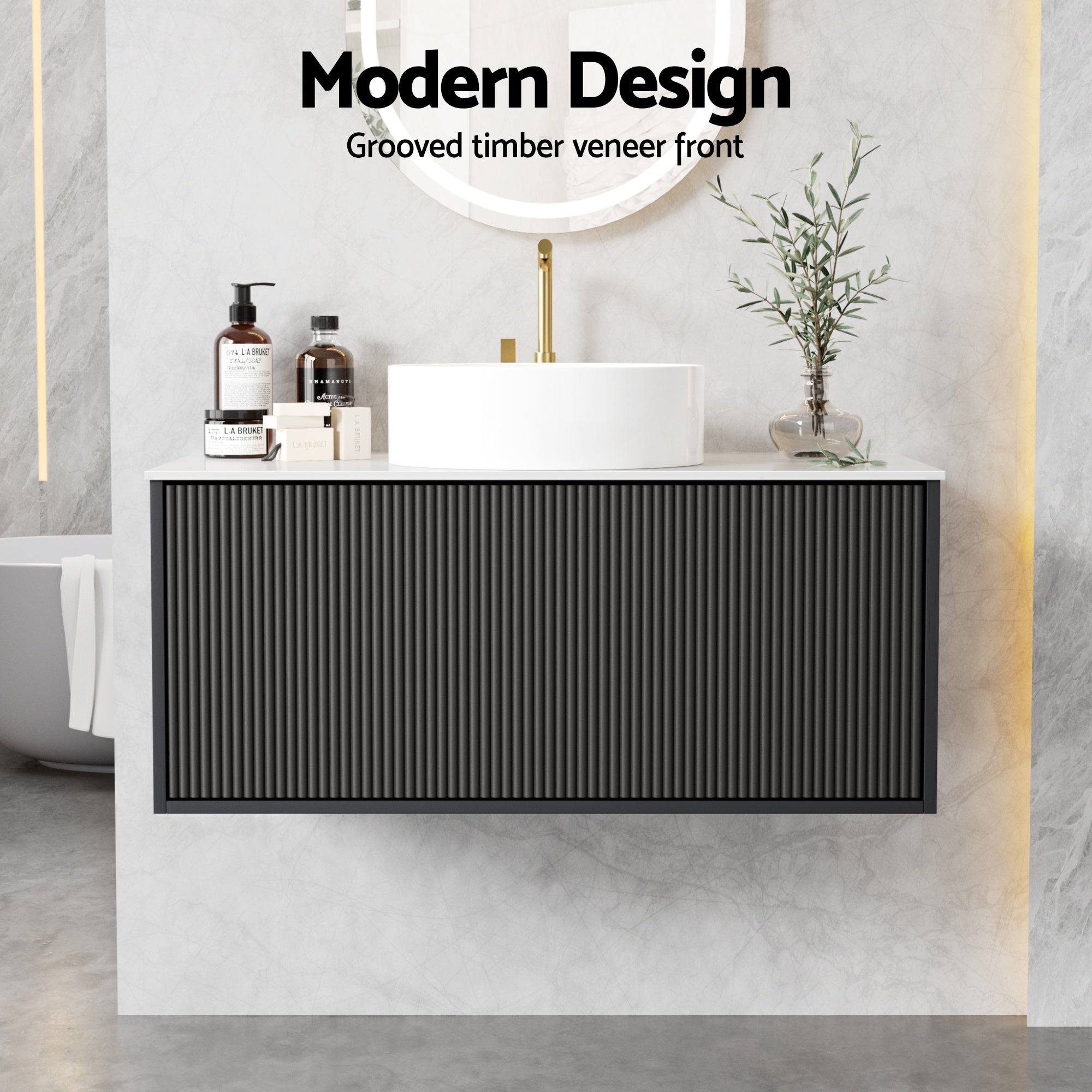 Cefito Vanity Unit 900mm Bathroom Cabinet Storage Wall Hung Grooved Timber Black BV-CA-TIR1-900-BK-ABC