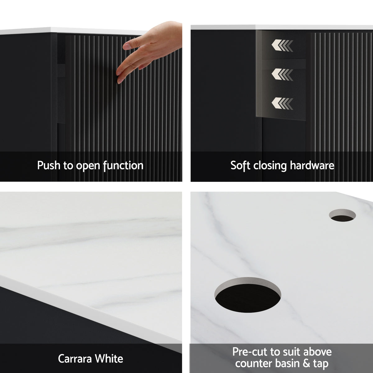 Cefito Vanity Unit 900mm Bathroom Cabinet Storage Wall Hung Grooved Timber Black BV-CA-TIR1-900-BK-ABC