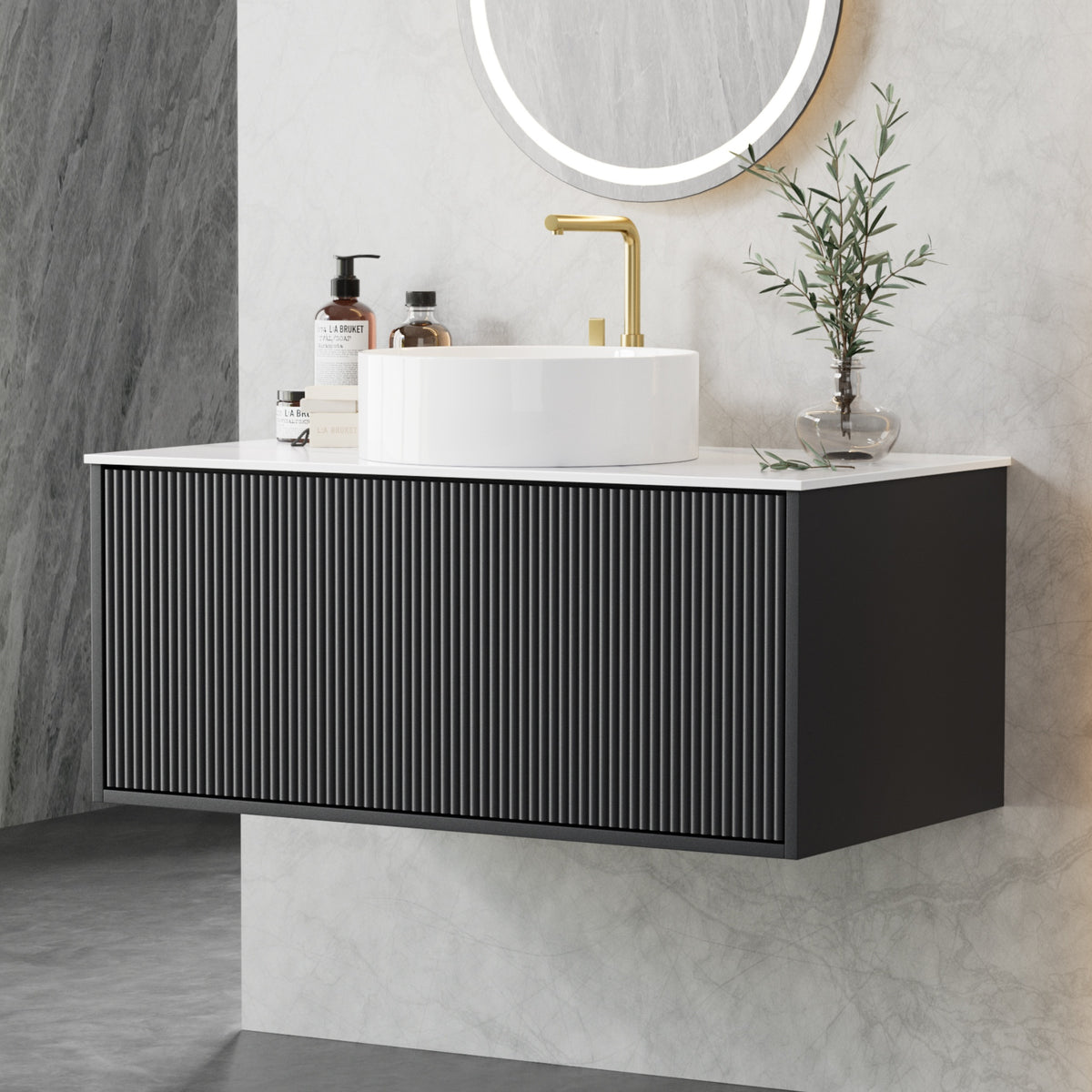 Cefito Vanity Unit 900mm Bathroom Cabinet Storage Wall Hung Grooved Timber Black BV-CA-TIR1-900-BK-ABC