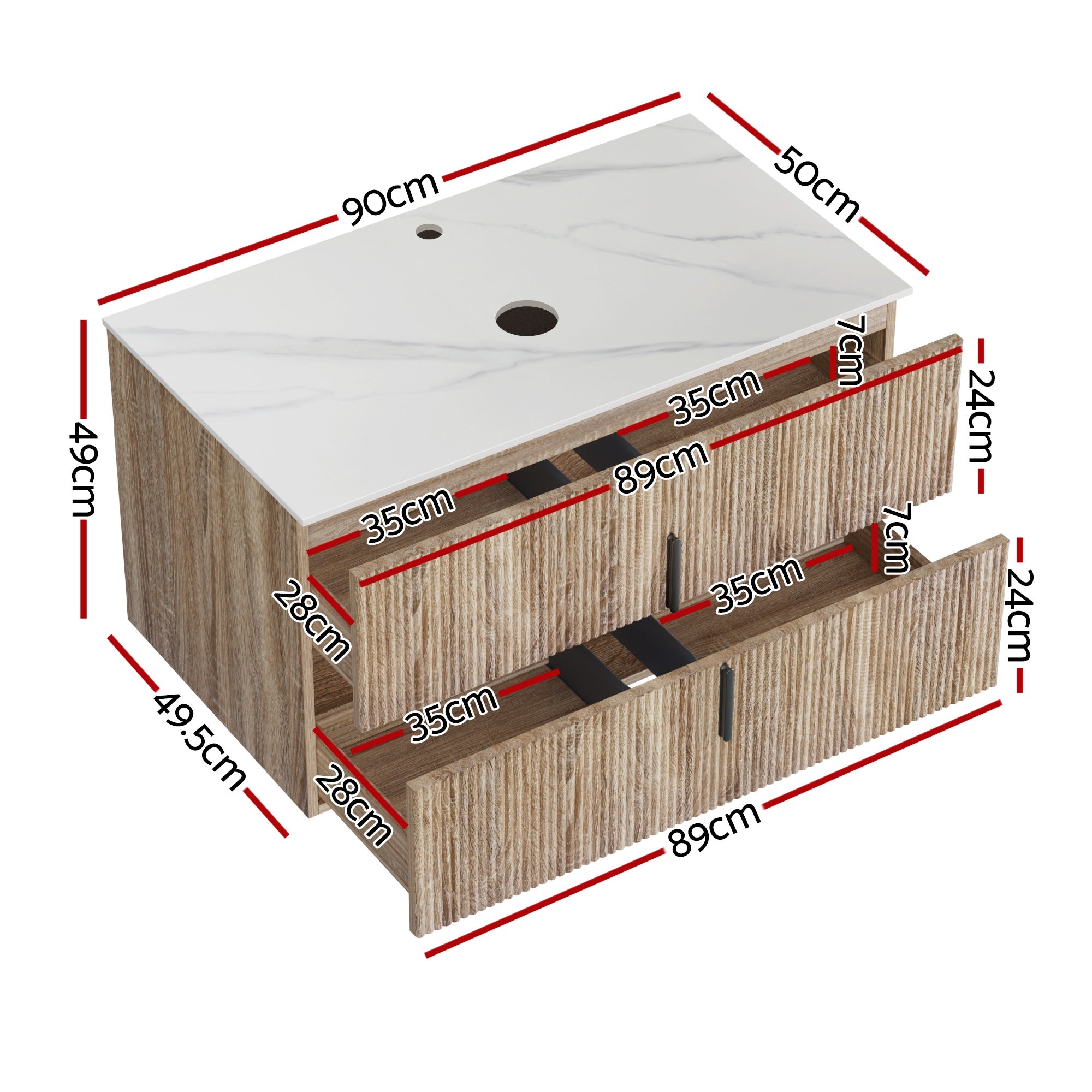 Cefito Vanity Unit 900mm Bathroom Cabinet Storage Wall Hung Timber Front Pine BV-CA-TIR2-900-WD-ABC