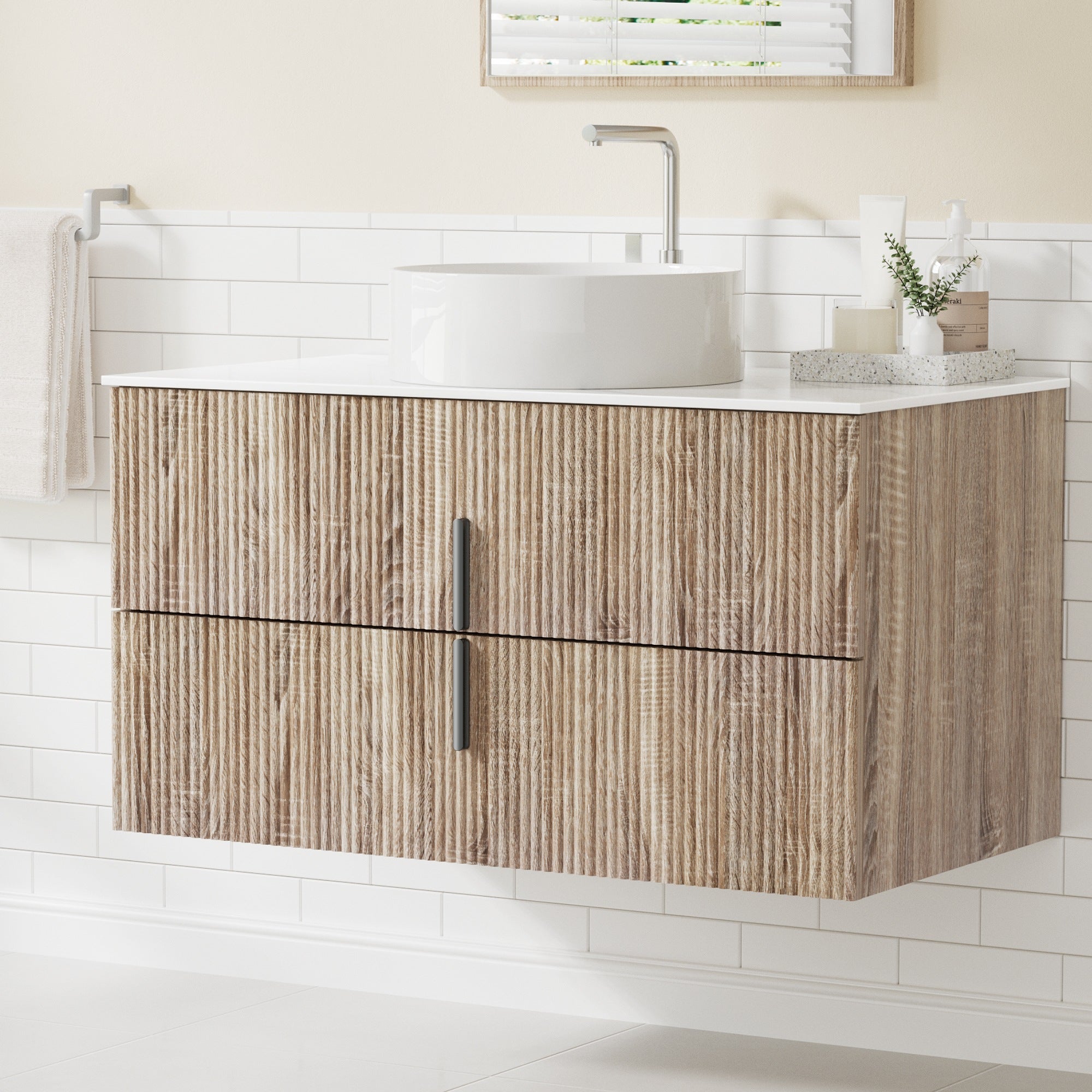 Cefito Vanity Unit 900mm Bathroom Cabinet Storage Wall Hung Timber Front Pine BV-CA-TIR2-900-WD-ABC