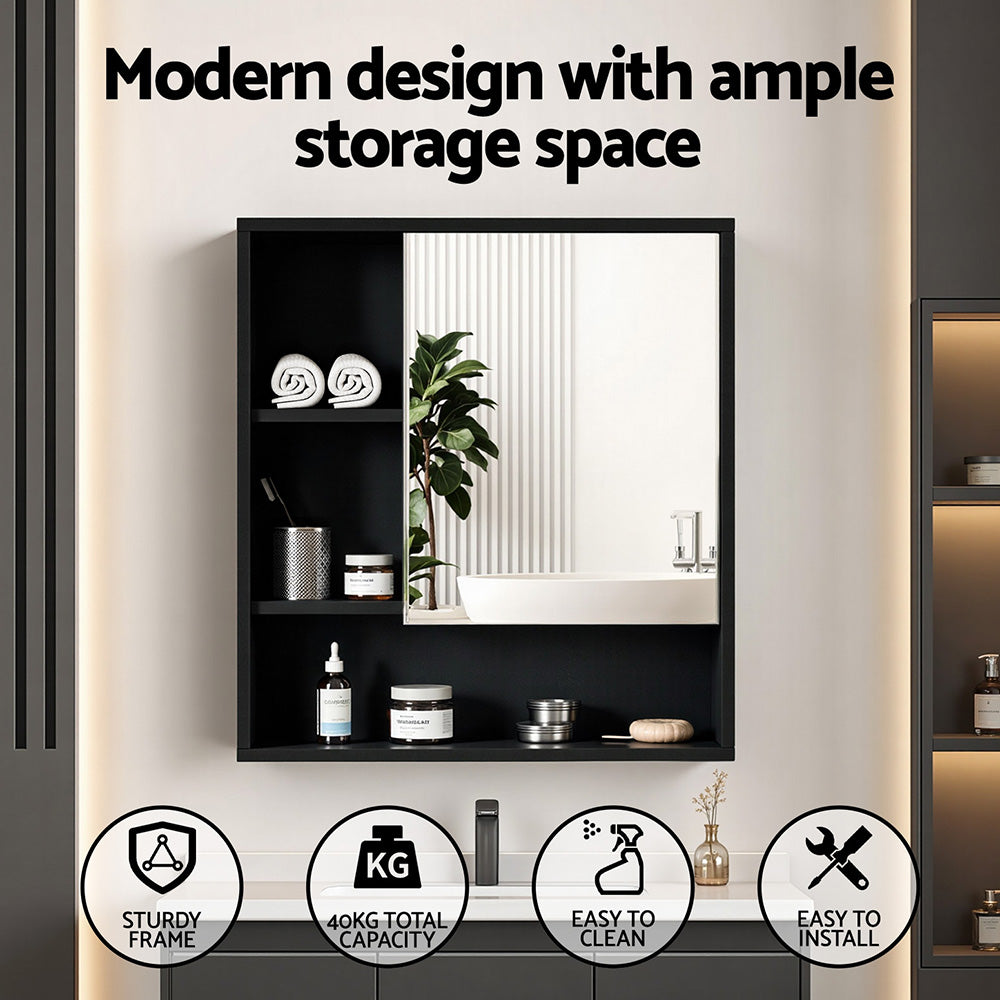 Cefito Bathroom Mirror Cabinet Mirrored Medicine Adjustable Shelf Wall Mounted 560mm Black BV-MC-5661-BK
