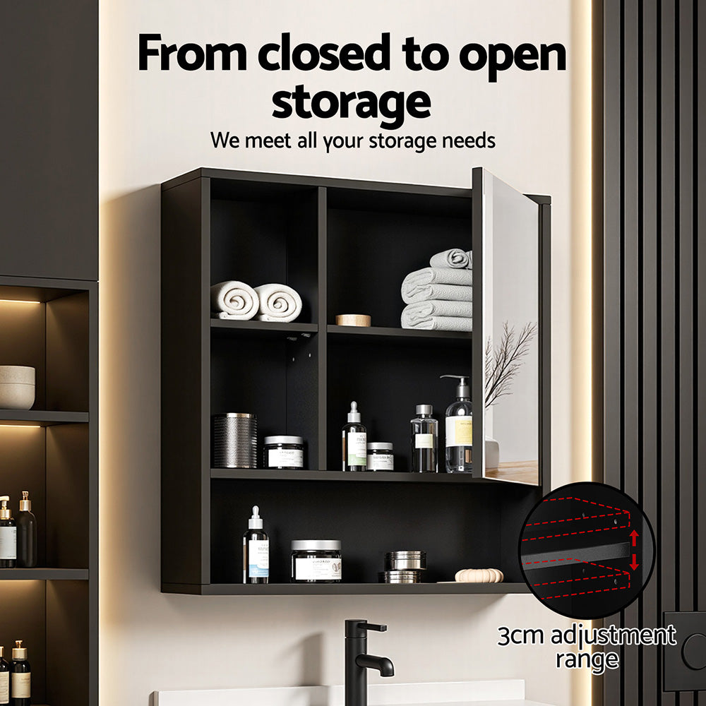 Cefito Bathroom Mirror Cabinet Mirrored Medicine Adjustable Shelf Wall Mounted 560mm Black BV-MC-5661-BK