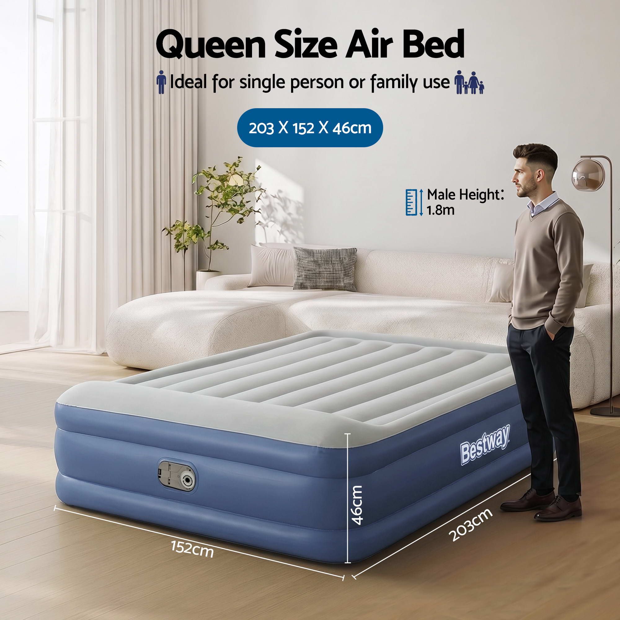 Bestway Air Mattress Queen Inflatable Bed 46cm Airbed Blue