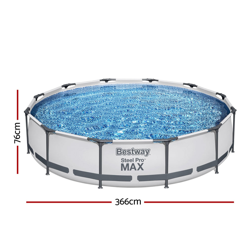Bestway Swimming Pool 366x76cm Steel Frame Round Above Ground Pools w/ Filter Pump 6473L BW-POOL-366CM-56417