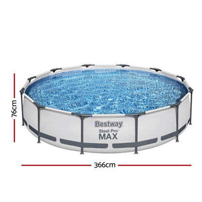Bestway Swimming Pool 366x76cm Steel Frame Round Above Ground Pools w/ Filter Pump 6473L BW-POOL-366CM-56417