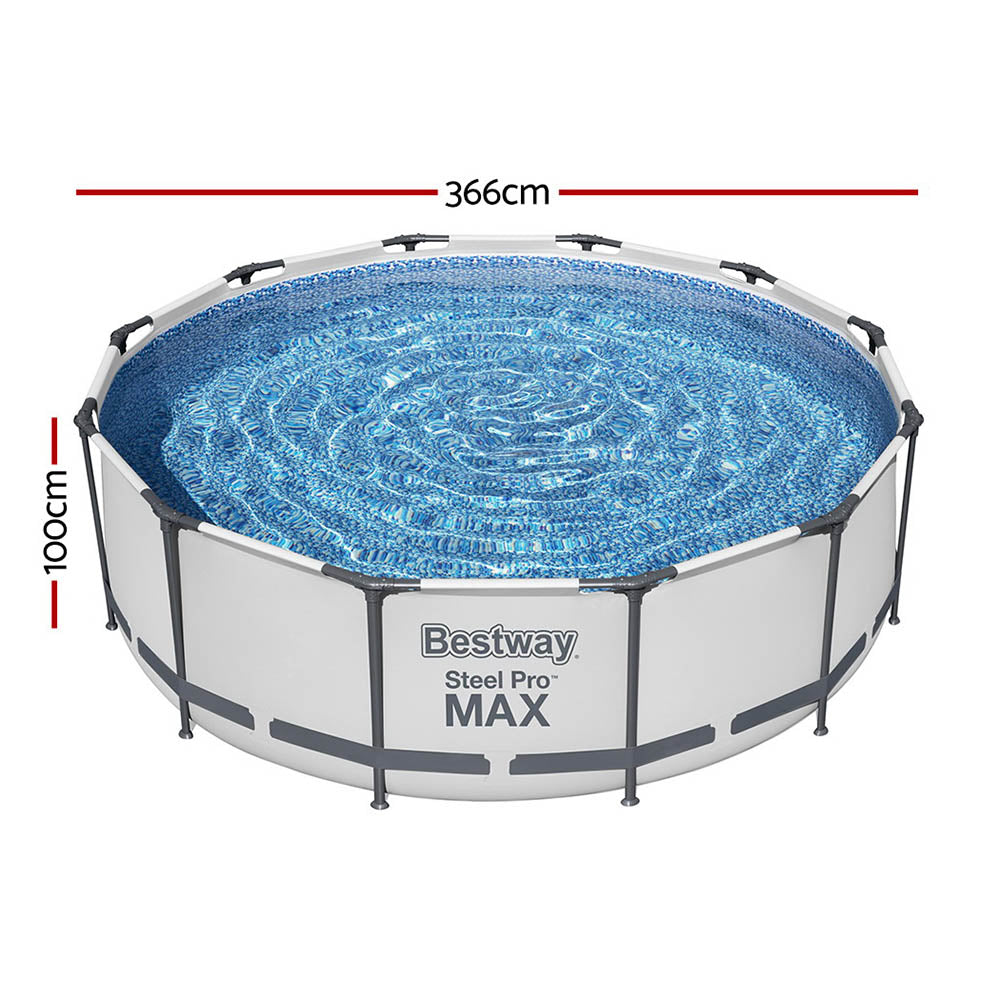 Bestway Swimming Pool 366x100cm Steel Frame Round Above Ground Pools w/ Filter Pump 9150L BW-POOL-366CM-56419