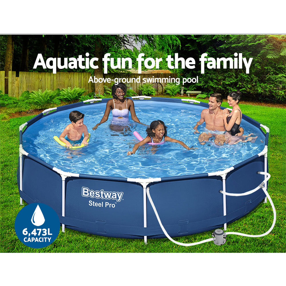 Bestway Swimming Pool 366x76cm Steel Frame Round Above Ground Pools w/ Filter Pump 6473L BW-POOL-366CM-56680