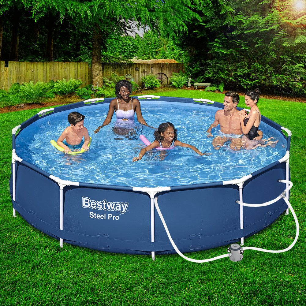Bestway Swimming Pool 366x76cm Steel Frame Round Above Ground Pools w/ Filter Pump 6473L BW-POOL-366CM-56680