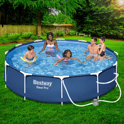 Bestway Swimming Pool 366x76cm Steel Frame Round Above Ground Pools w/ Filter Pump 6473L BW-POOL-366CM-56680