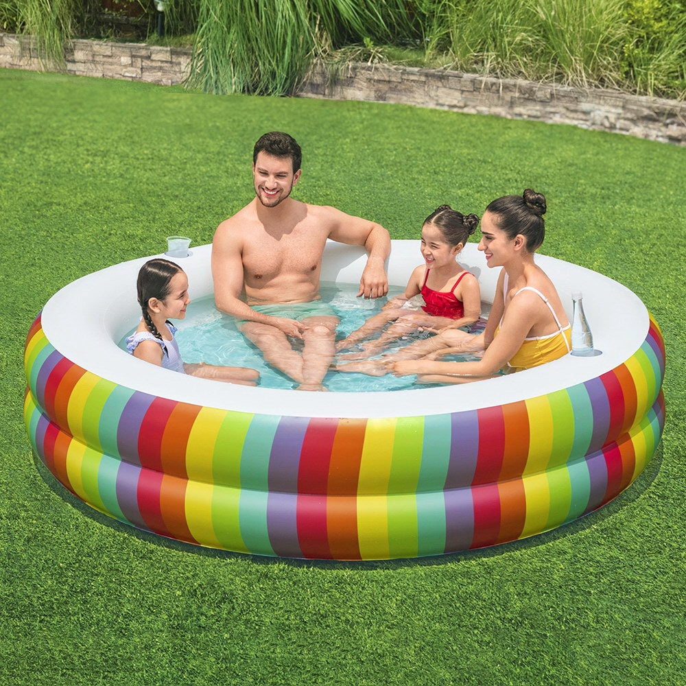 Bestway Kids Inflatable Round Pool Above Ground Cup Holder Rainbow 206x206x51cm BW-POOL-KID-R-54443