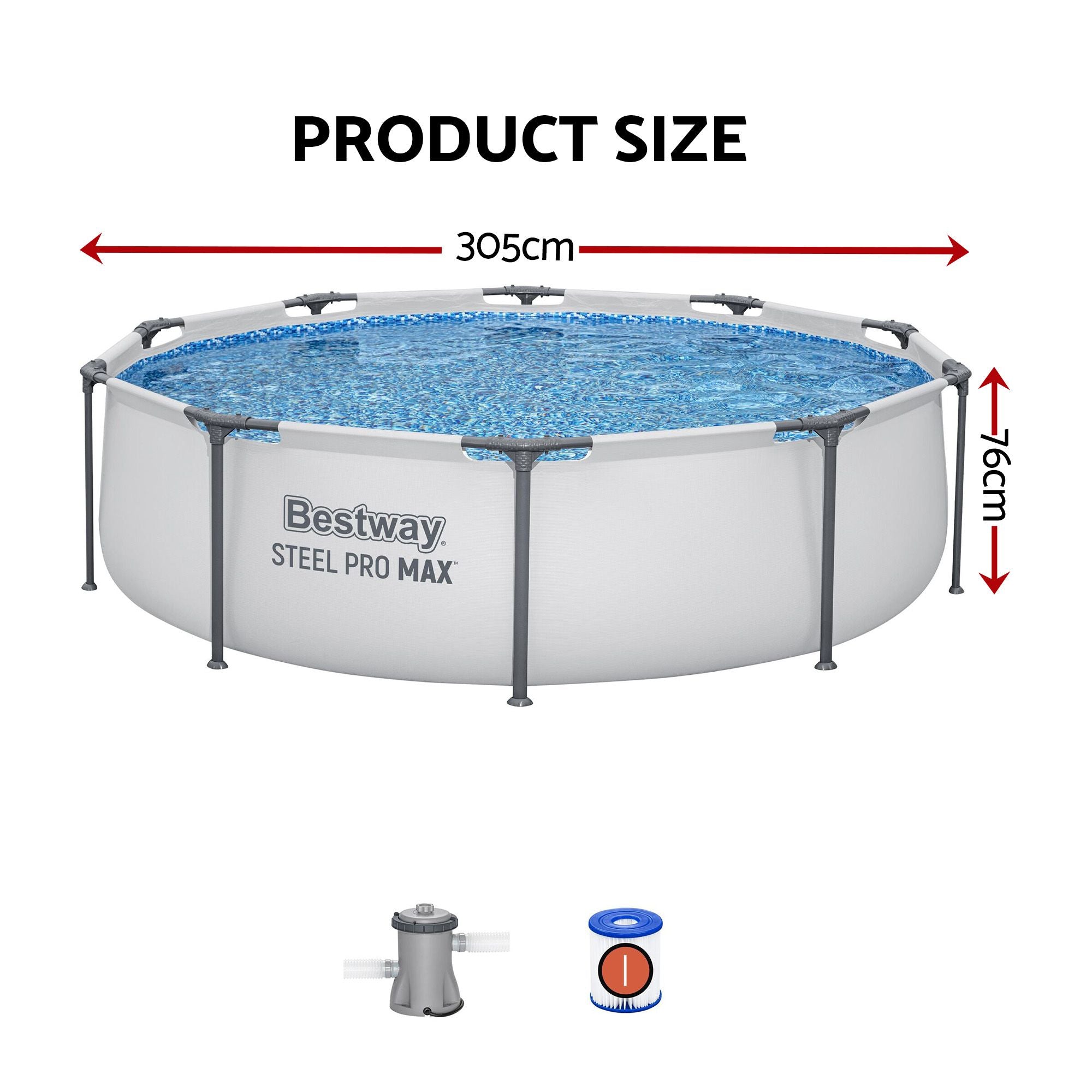 Bestway 305CM Swimming Pools Steel Above Ground Round Backyard Pool Set White