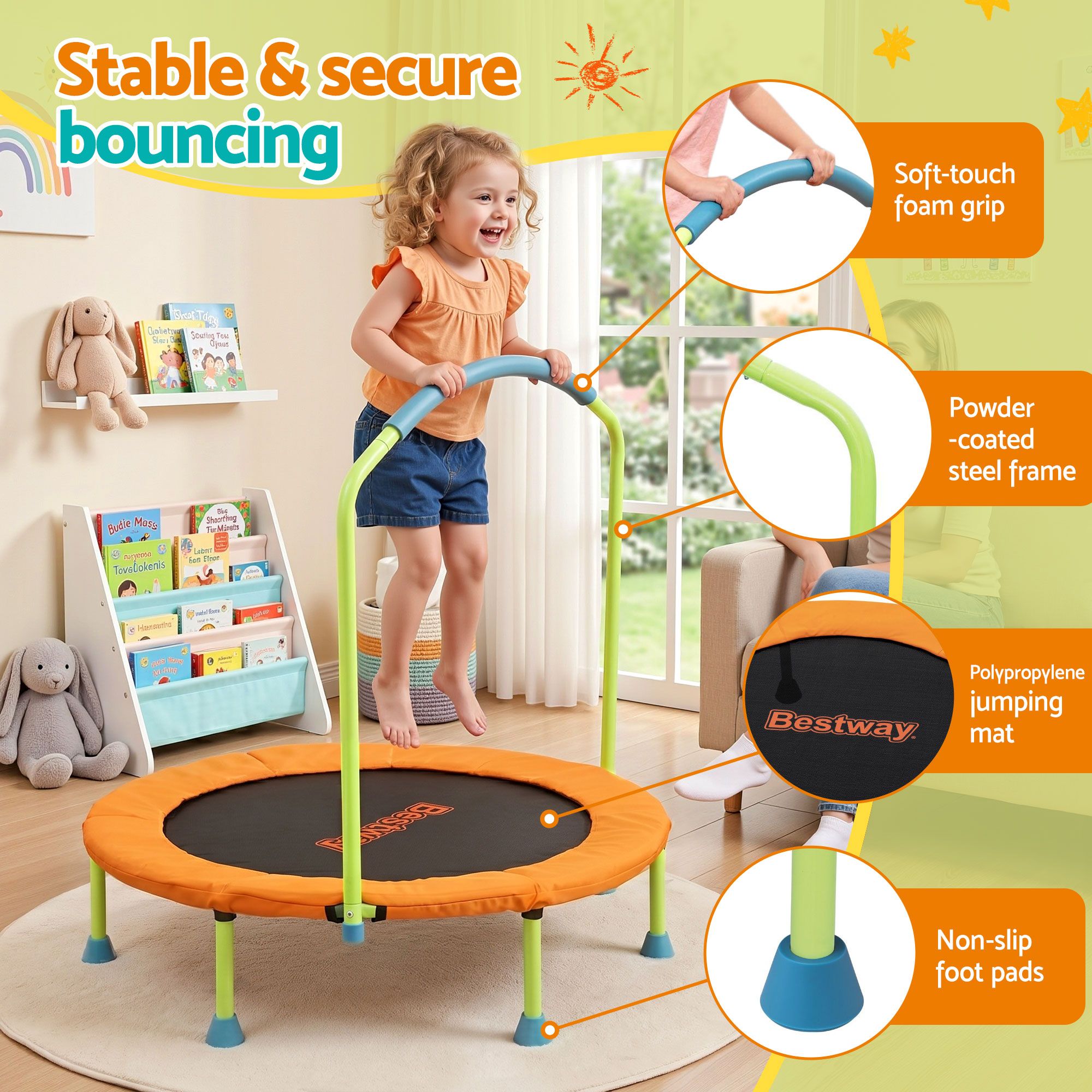 Bestway 36inch Kids Trampoline Foldable Rebounder Fitness for Ages 3+ Orange BW-TRAMPO-59100