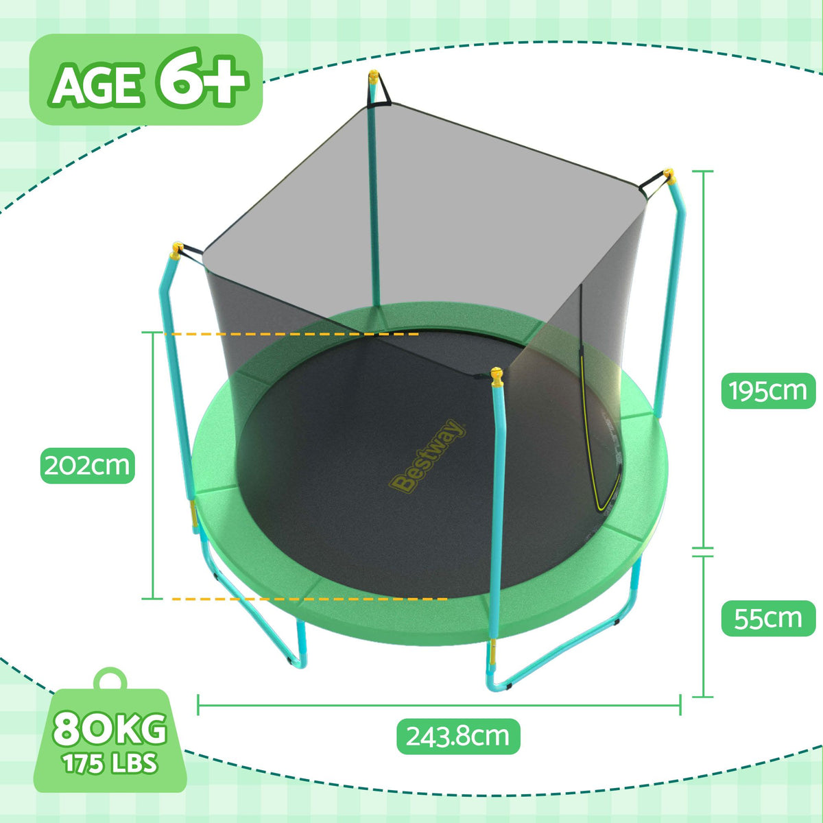 Bestway 8ft Trampoline Kids Rebounder Safety Net Enclosure Outdoor Fitness 2.44m for Ages 6+ BW-TRAMPO-59102