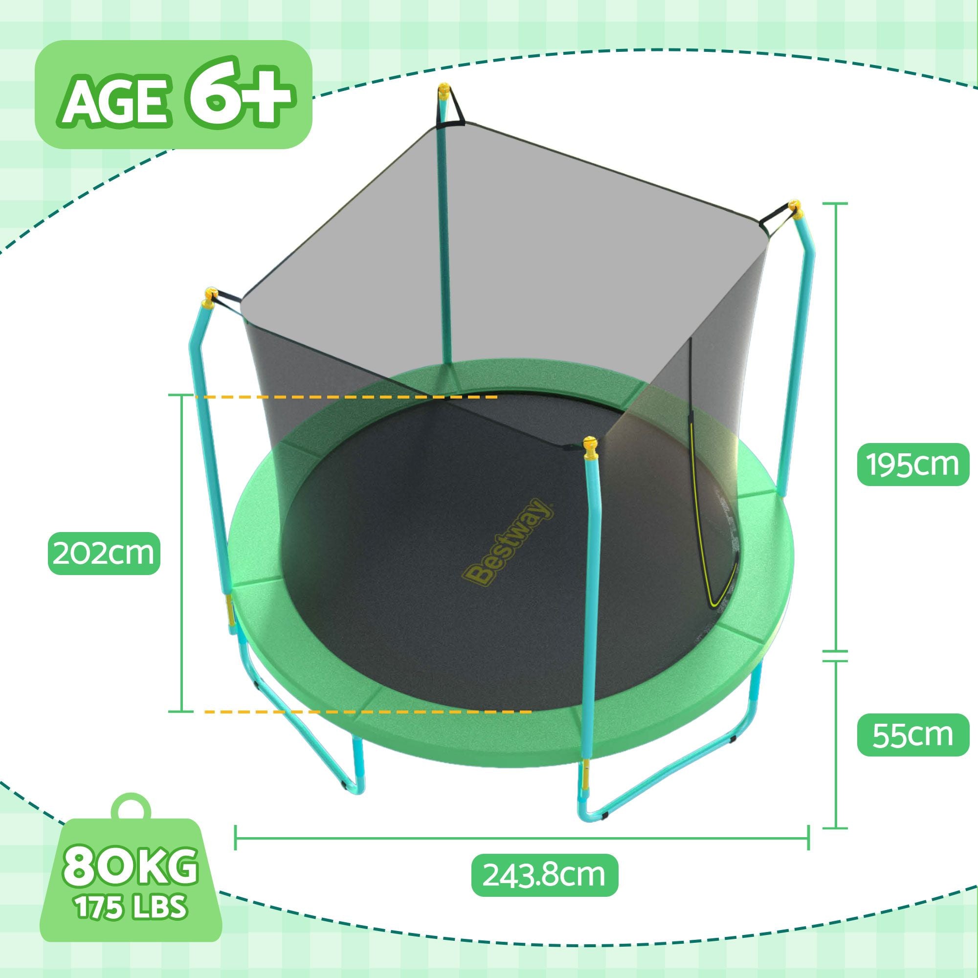 Bestway 8ft Trampoline Kids Rebounder Safety Net Enclosure Outdoor Fitness 2.44m for Ages 6+ BW-TRAMPO-59102