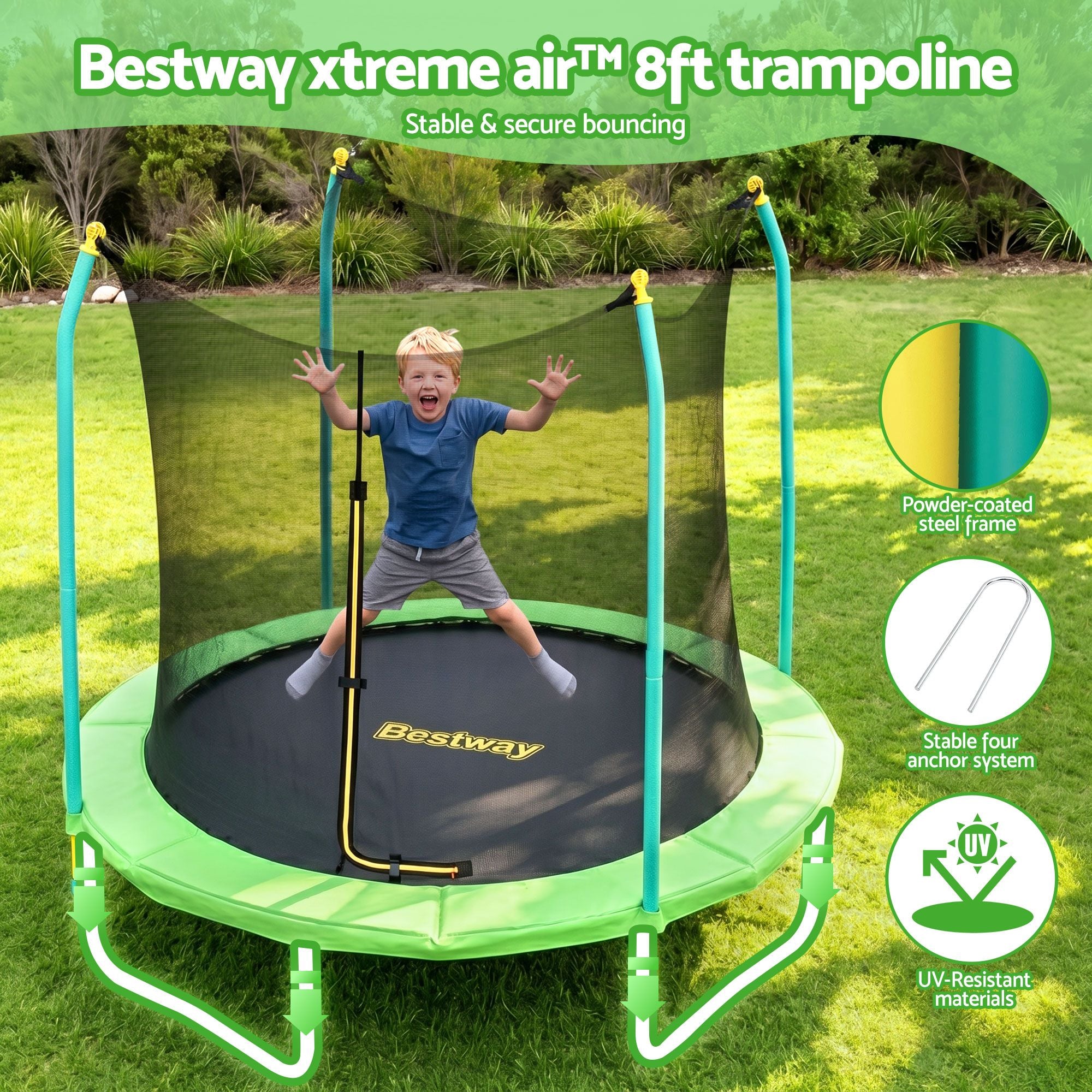 Bestway 8ft Trampoline Kids Rebounder Safety Net Enclosure Outdoor Fitness 2.44m for Ages 6+ BW-TRAMPO-59102