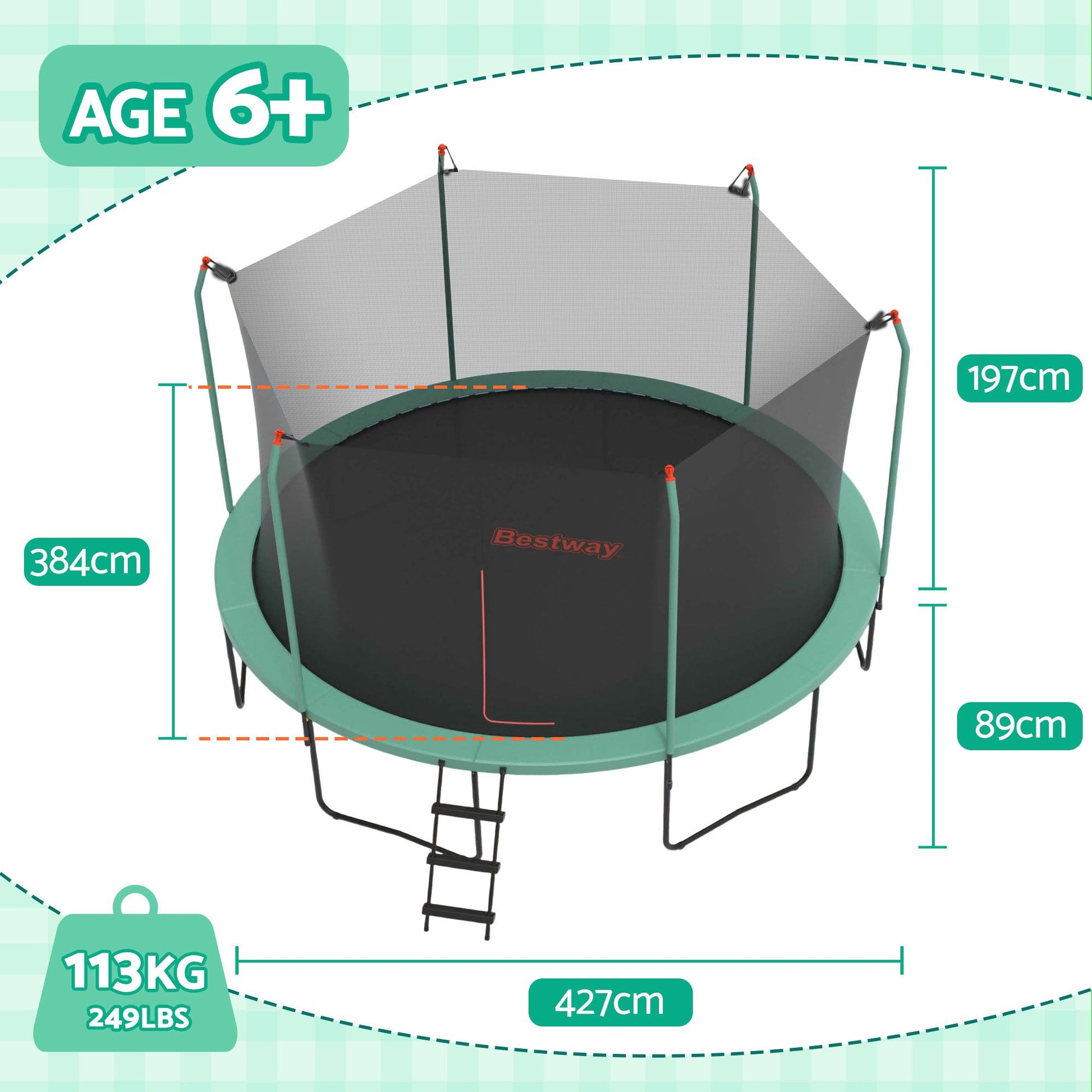 Bestway 14ft Trampoline Kids Rebounder Safety Net Enclosure Outdoor Fitness 4.27m for Ages 6+ BW-TRAMPO-59105