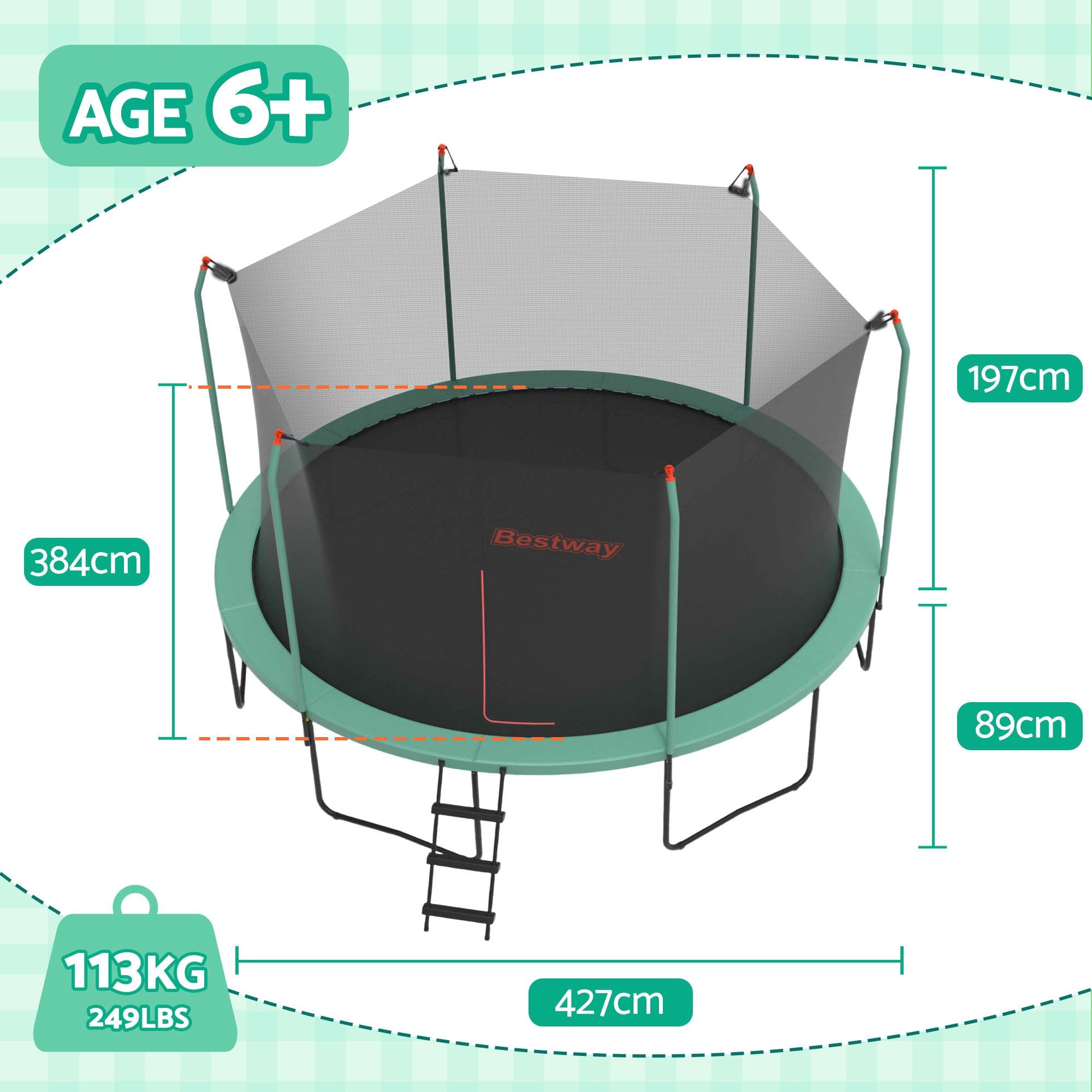 Bestway 14ft Trampoline Kids Rebounder Safety Net Enclosure Outdoor Fitness 4.27m for Ages 6+ BW-TRAMPO-59105