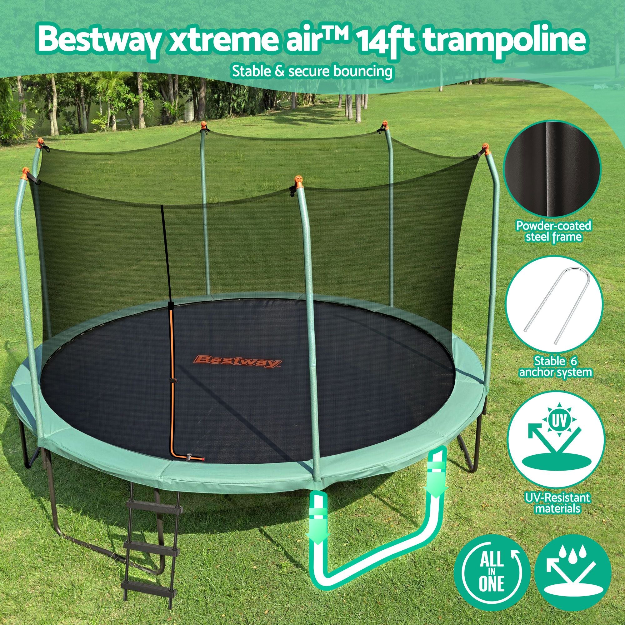 Bestway 14ft Trampoline Kids Rebounder Safety Net Enclosure Outdoor Fitness 4.27m for Ages 6+ BW-TRAMPO-59105