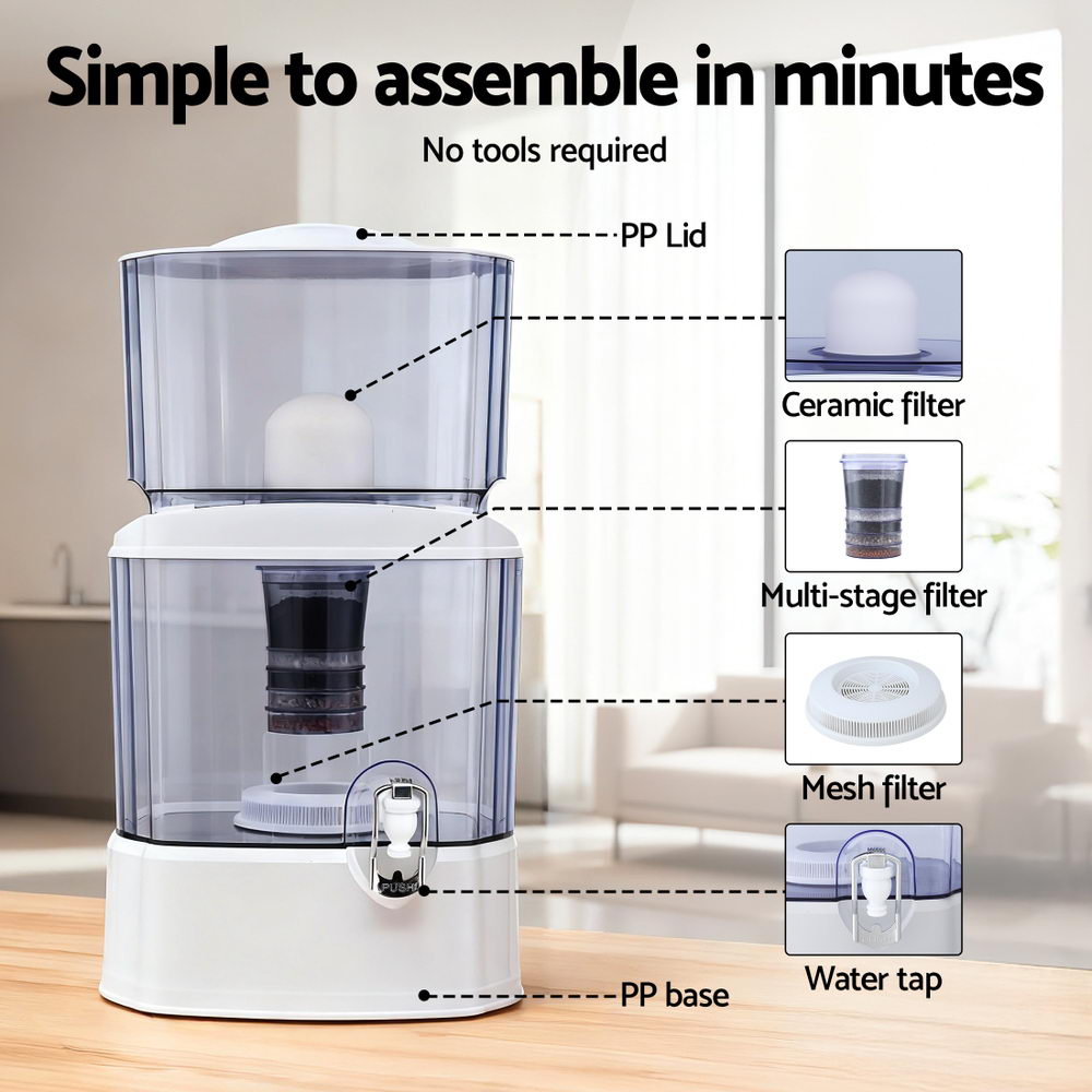 Devanti Benchtop Water Filter 24L Gravity Multi-Stage BPA-Free Home Camping BWF-7SF-24L-WH