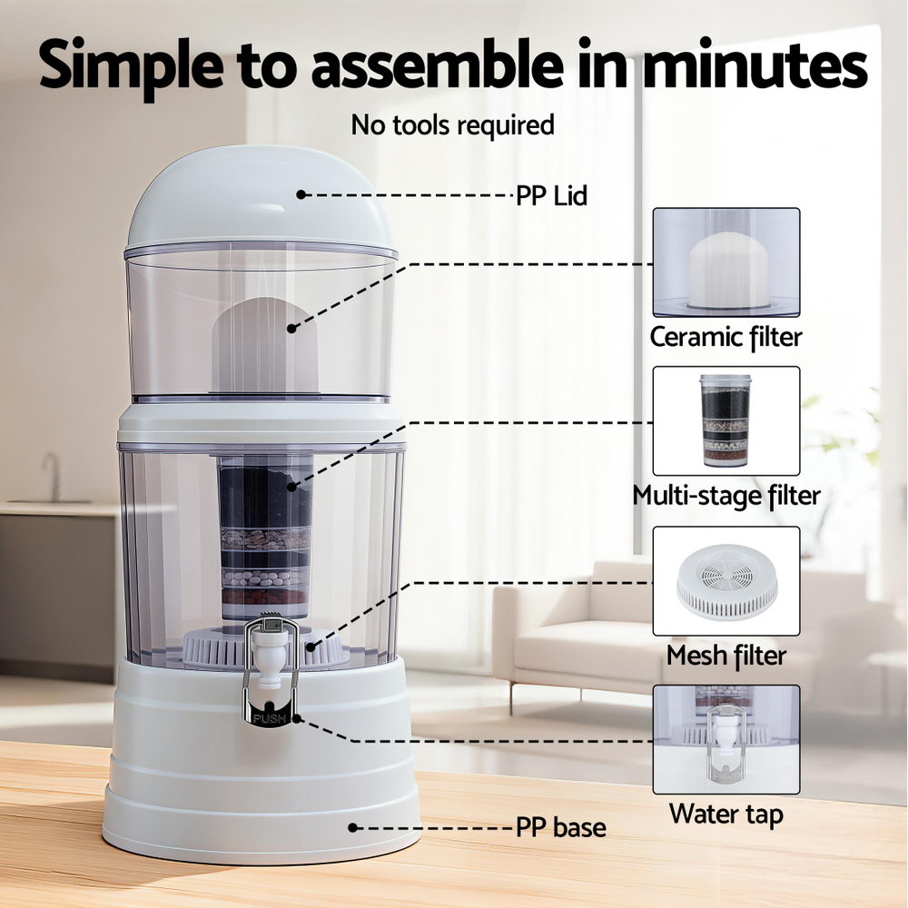 Devanti Benchtop Water Filter 14L Gravity Multi-Stage BPA-Free Home Camping BWF-8SF-14L-WH