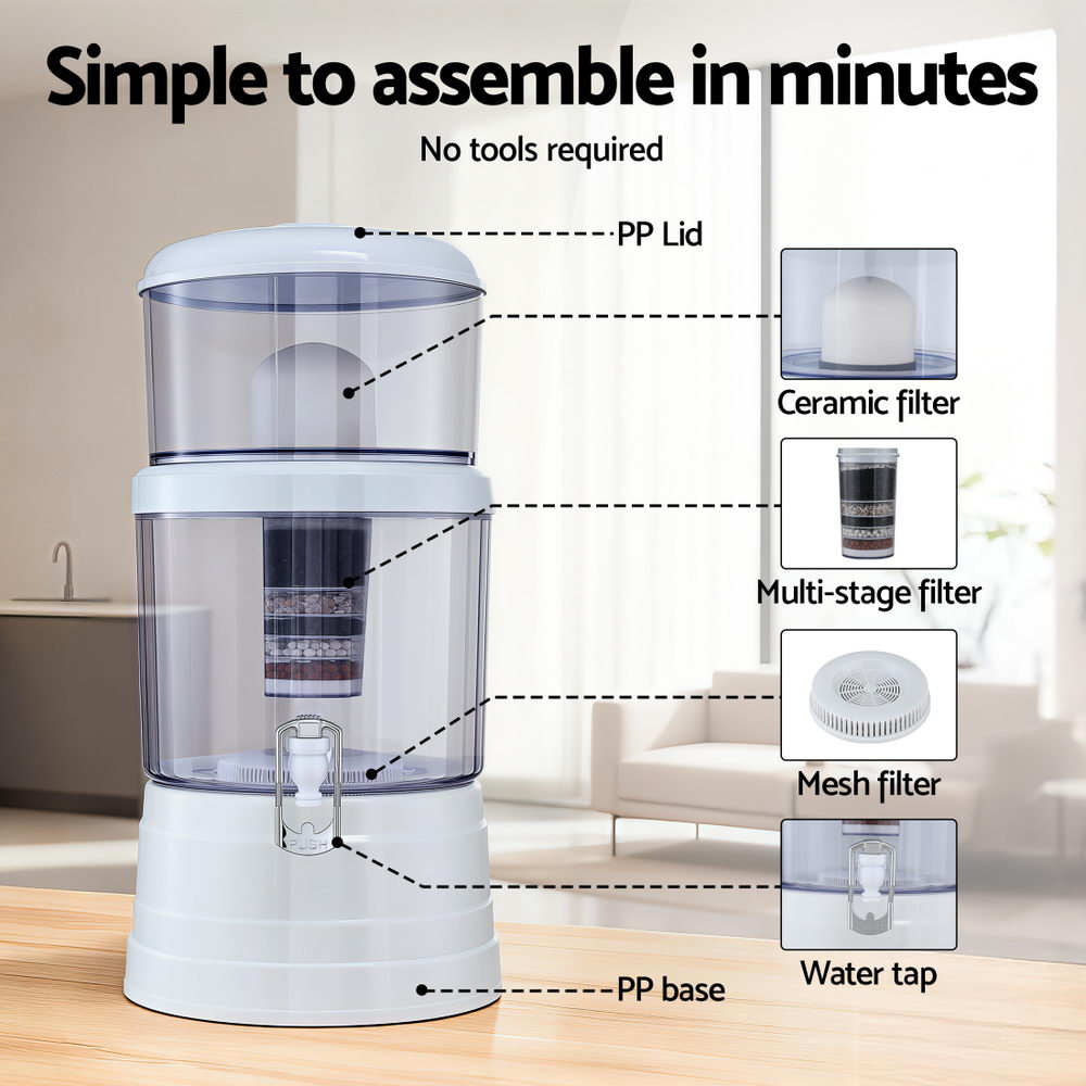 Devanti Benchtop Water Filter 16L Gravity Multi-Stage BPA-Free Home Camping BWF-8SF-16L-WH