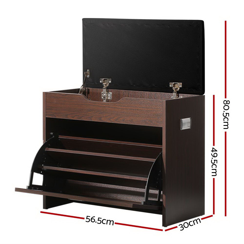 Artiss Shoe Rack Cabinet Bench 3-tier 15 Pairs Walnut CABINET-8836-WAL