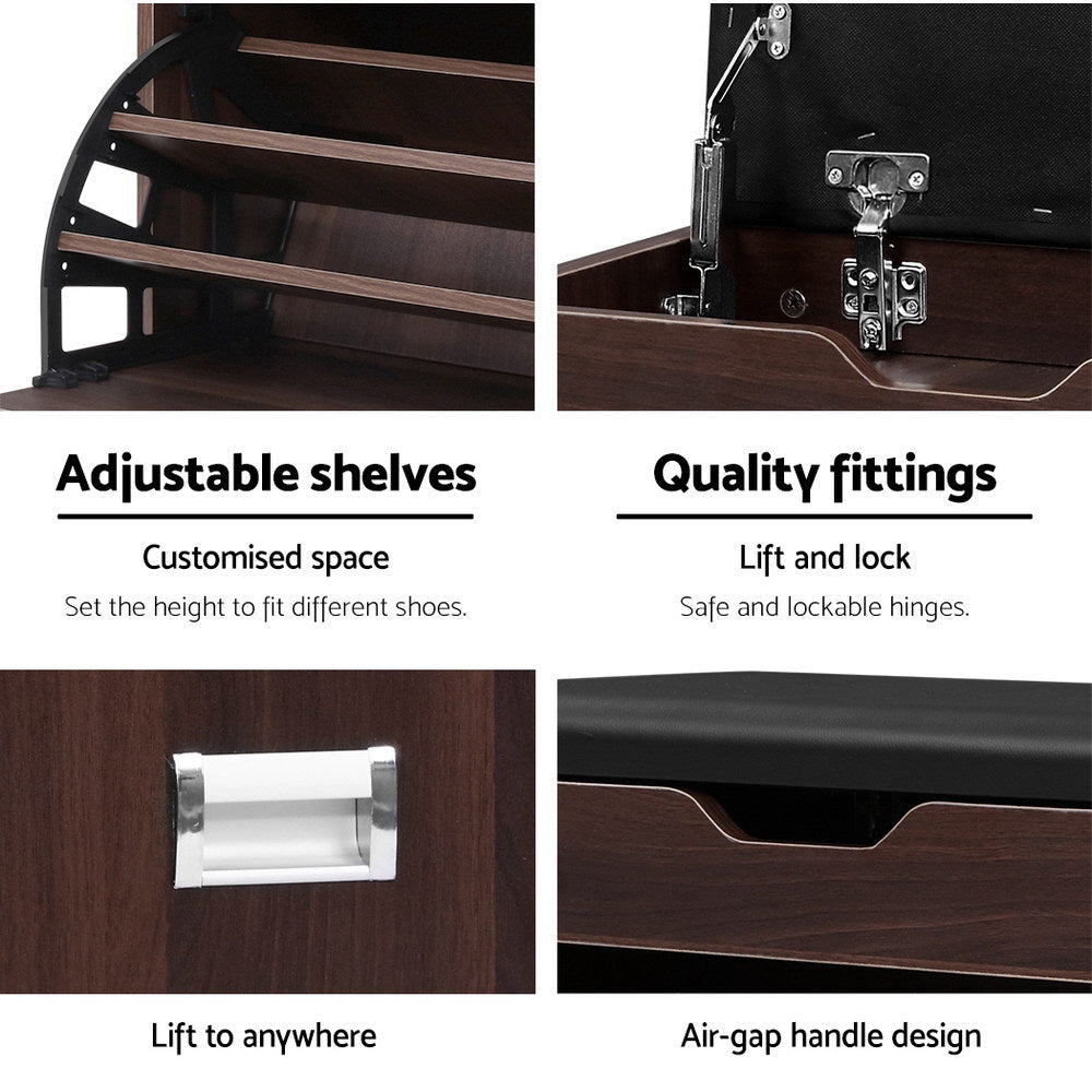 Artiss Shoe Rack Cabinet Bench 3-tier 15 Pairs Walnut CABINET-8836-WAL