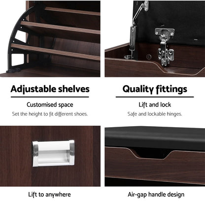 Artiss Shoe Rack Cabinet Bench 3-tier 15 Pairs Walnut CABINET-8836-WAL