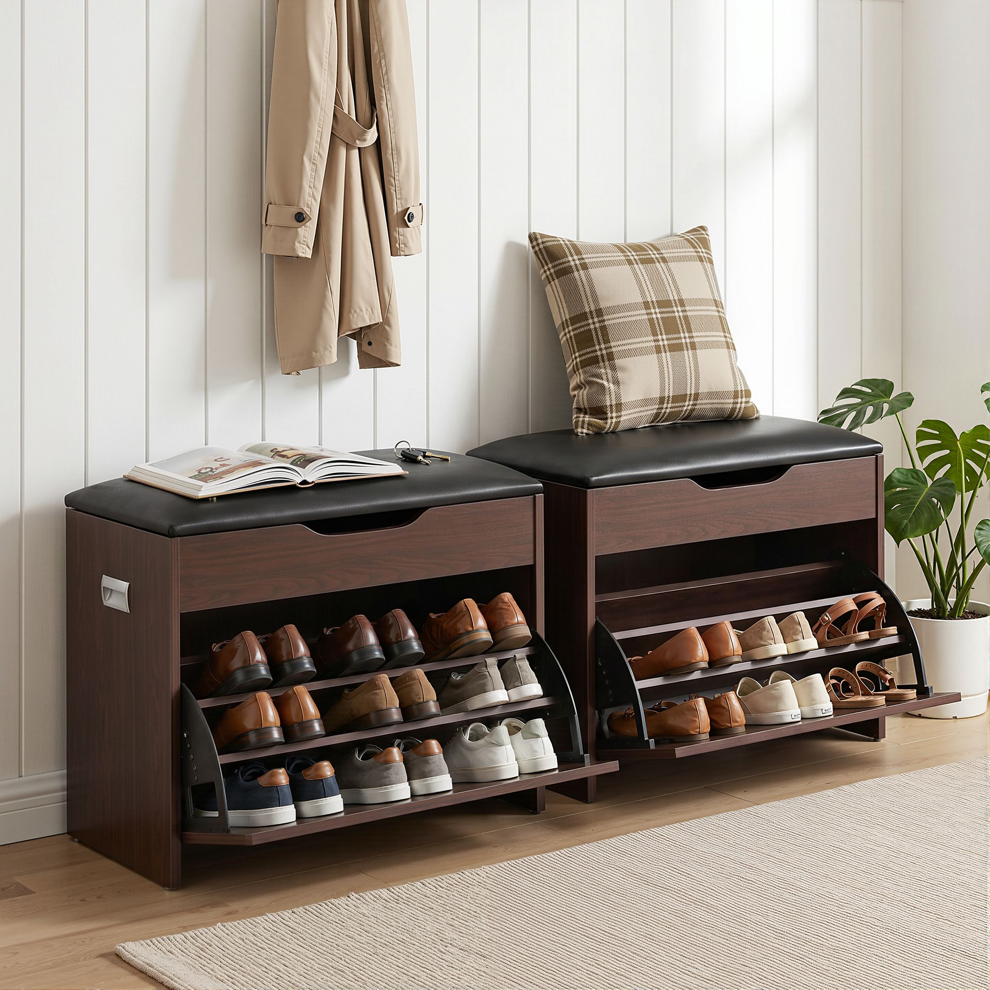 Artiss 2x Shoe Bench Set Flip Drawer Walnut CABINET-8836-WALX2